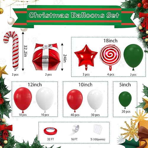 Miniatura 3 de NISOCY Kit de guirnalda de arco de globos de Navidad, 130 globos rojos, blancos y verdes con globos redondos de caramelo, globos de caja de regalo,