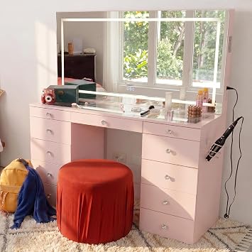 Boahaus Elara Extra-Large Vanity Desk with LED Mirror Complete Makeup Station with Integrated Power & Built-in Speakers