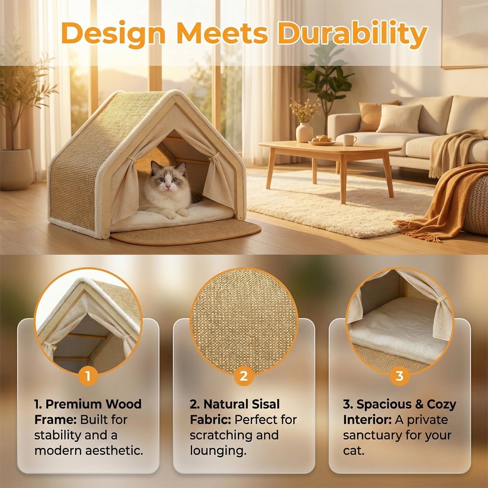3-in-1 Gemütliches Katzenhaus Sisal mit Holzrahmen