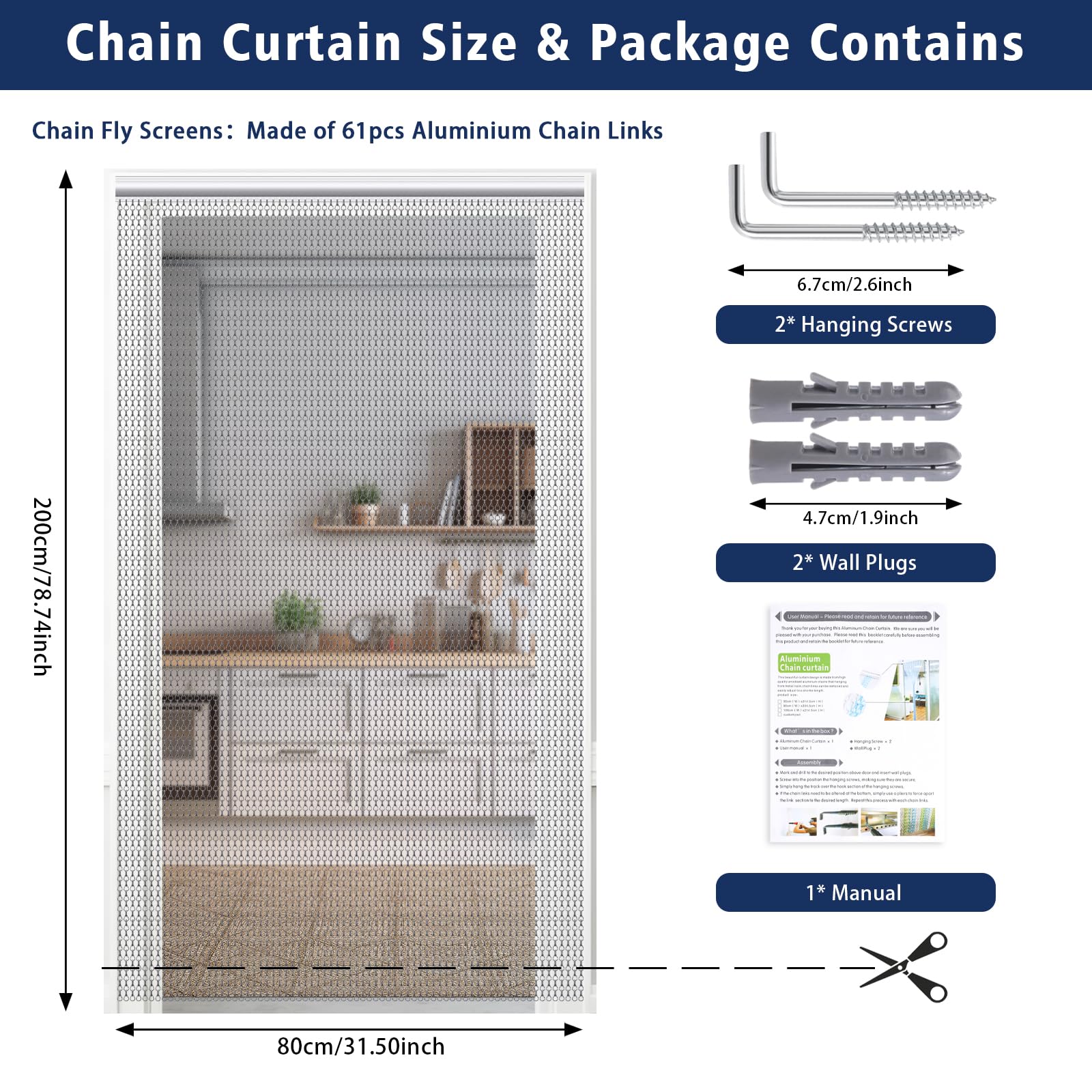 VeYocilk Fly Screen Chains for Doors Grey 80 x 200cm Chain Curtain Aluminum Chain Fly Screen Metal Fly Blinds for Keeping out Flies - Image 2