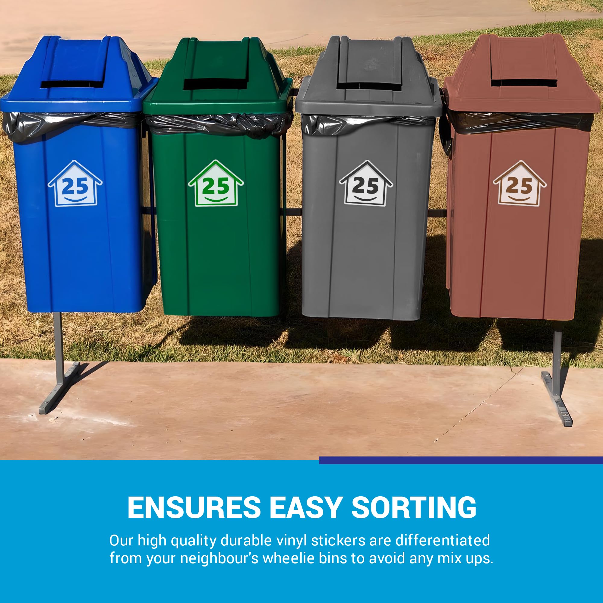 4 x Bin Numbers for Wheelie Bins, 1-99, 15cm ‘Happy House’ Colour Design Dustbin Stickers, Easy Application Stick On Number Stickers - Weatherproof Self Adhesive Vinyl – Blue, Black, Green, Brown (25) — view 3