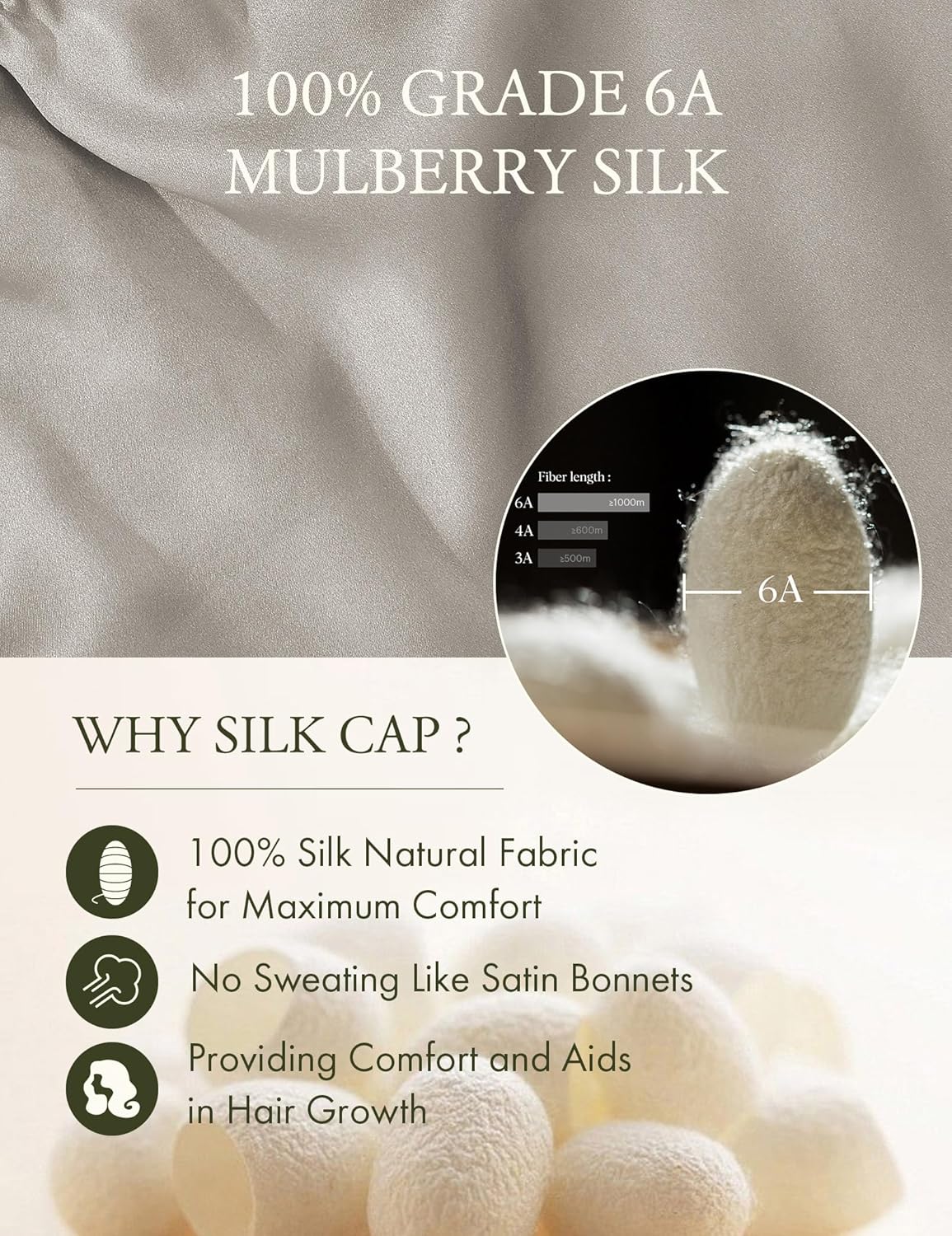 LilySilk Pure Mulberry Silk Long Bonnet for Sleeping - 19MM Silk Hair Cap for Long Curly Hair - Women's Sleep Cap with Elastic Band, Silvergray - Image 5