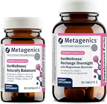 Metagenics HerWellness Naturally Balanced + HerWellness Recharge Overnight - Hormone Support Supplement - Aids Sleep, Bloating, Fatigue & More - Contains Saffron, Licorice Root & Vitamin B6-30 Capsu