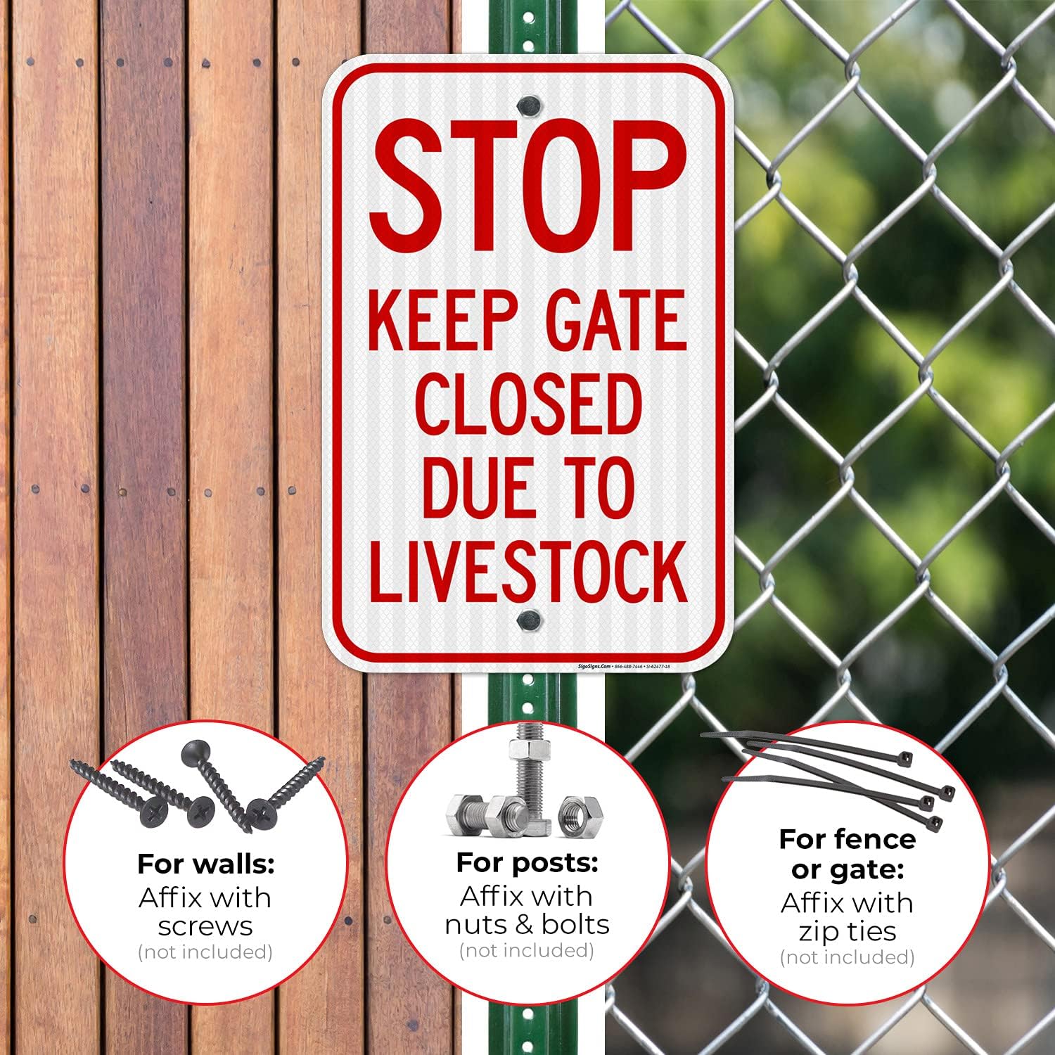Stop Keep Gate Closed Due to Livestock Sign, 12x18 Inches, 3M EGP Reflective .063 Aluminum, Fade Resistant, Made in USA