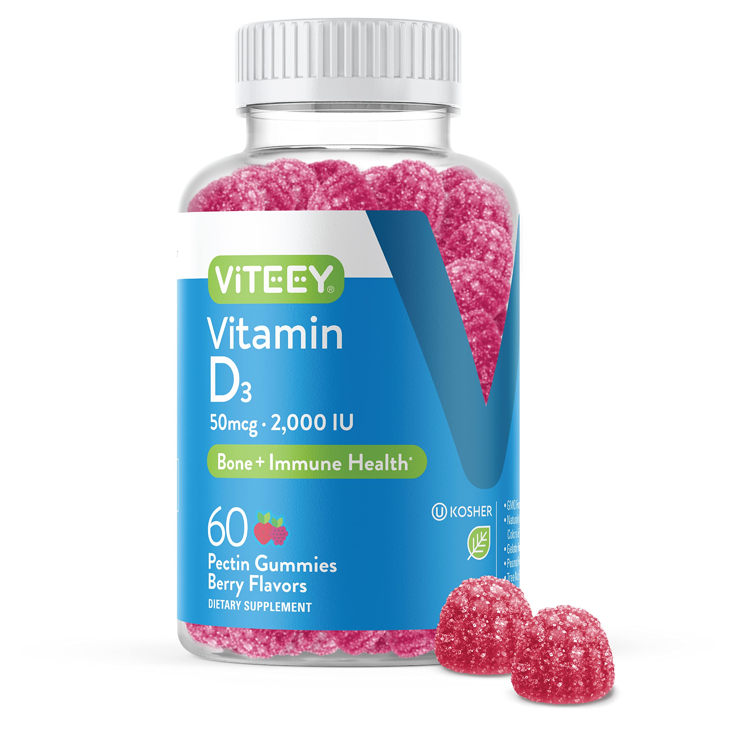 Viteey Vitamin D3 Gummies for Adults & Teens - 2,000 IU, 50mcg 60 Count (Pack of 1)