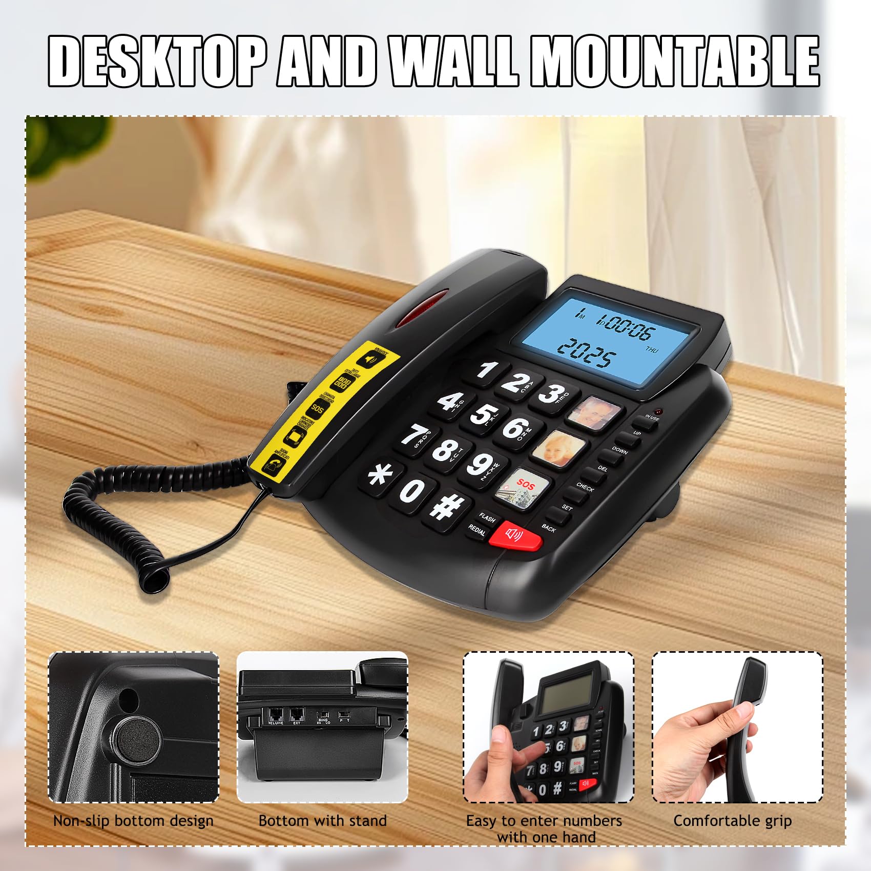 Telefono con pulsante grande per anziani, telefono fisso con cavo con altoparlante e display LCD, composizione rapida One Touch, volume regolabile, luce ID chiamante, funzione vivavoce