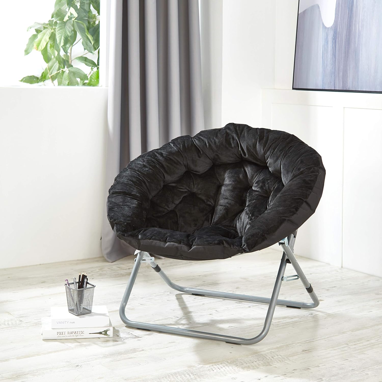 Urban Lifestyle Oversized Micromink Moon Saucer Chair, Black - 37" L x 30" W X 30" D