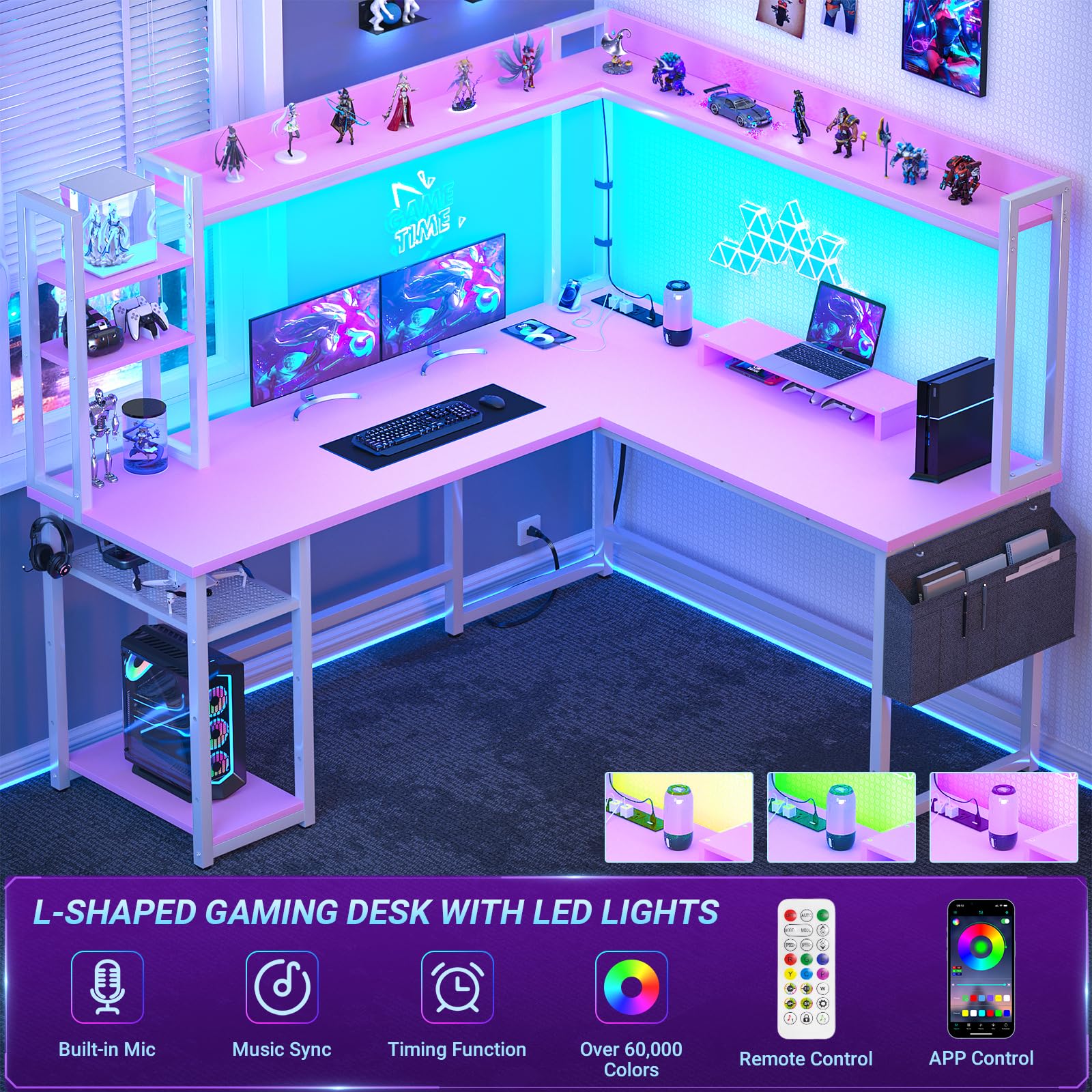 Aheaplus L Shaped Desk with Power Outlet, L Shaped Gaming Desk with Led Light & Hutch, Reversible Home Office Desk, Corner Computer Desk Writing Desk with Monitor Stand & Storage Shelves,: Pink