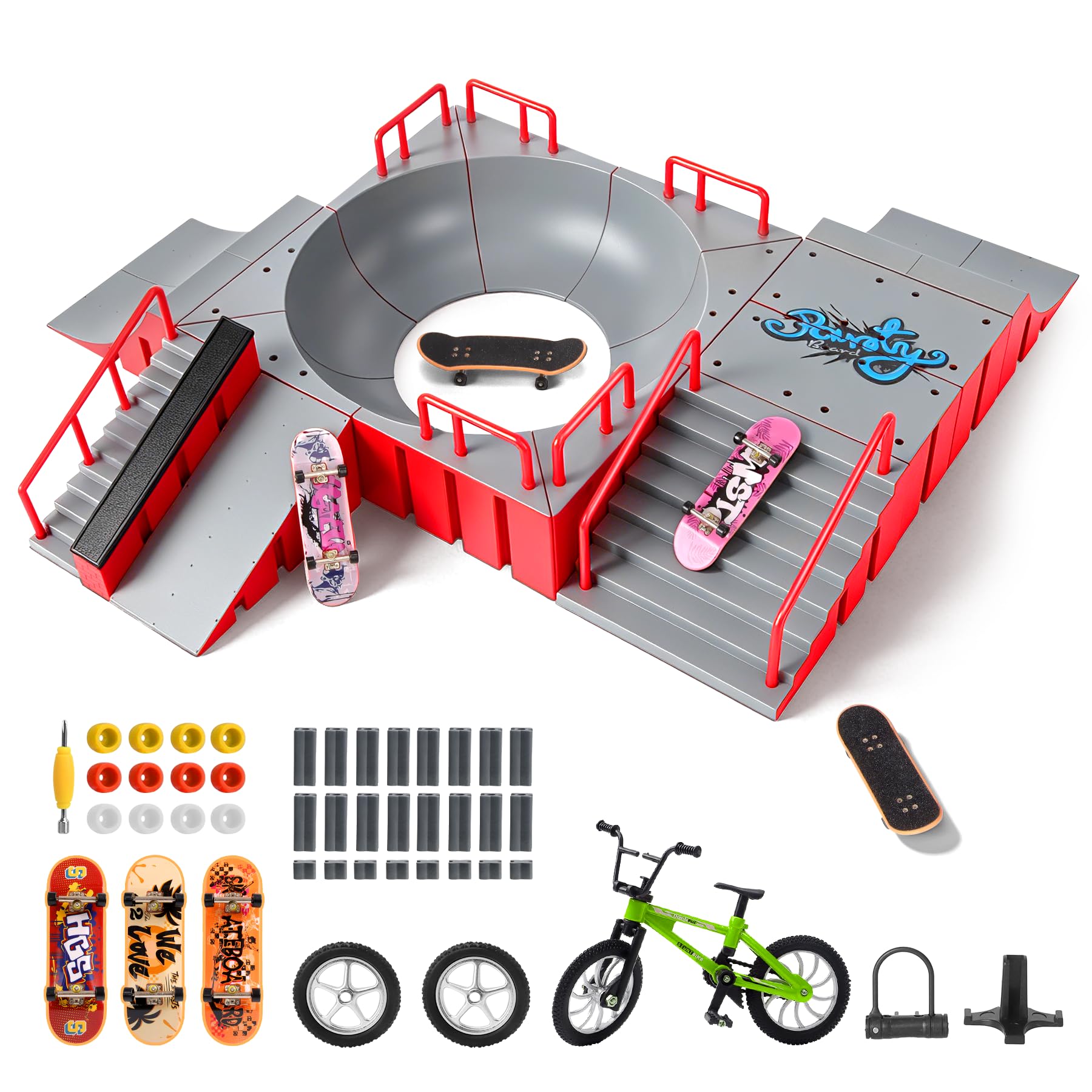Hamino Finger Skate Park Toy Set Includes Three Finger Skateboards, a Mini Bike, and Fifteen Ramps. It's a Fantastic Toy for All Ages.