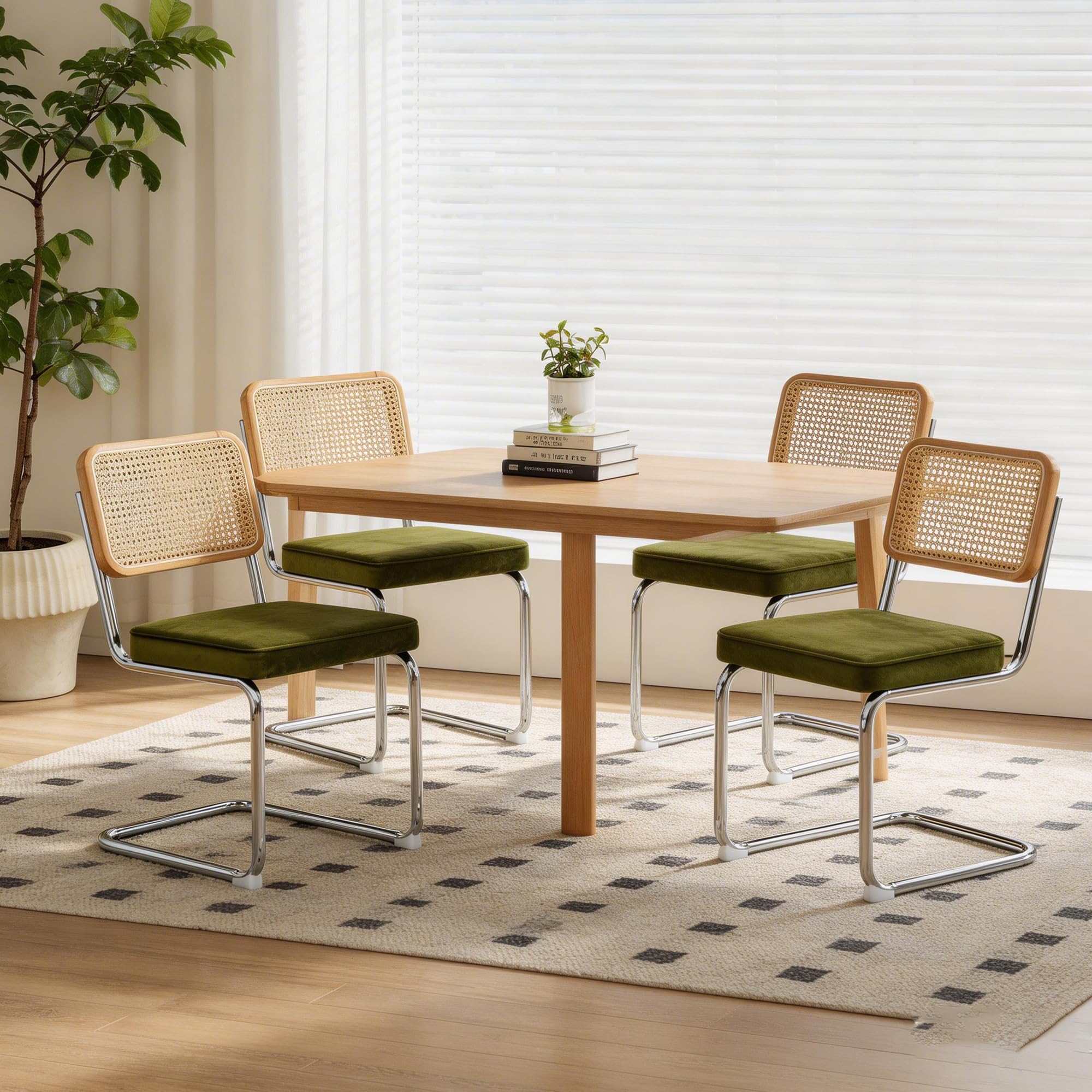 Bladez Juego de 4 sillas de comedor cantilever de terciopelo y ratán, trenzado vienés, con estructura cromada, sillas cantilever Mid-Century, para comedor, sala de estar (verde)