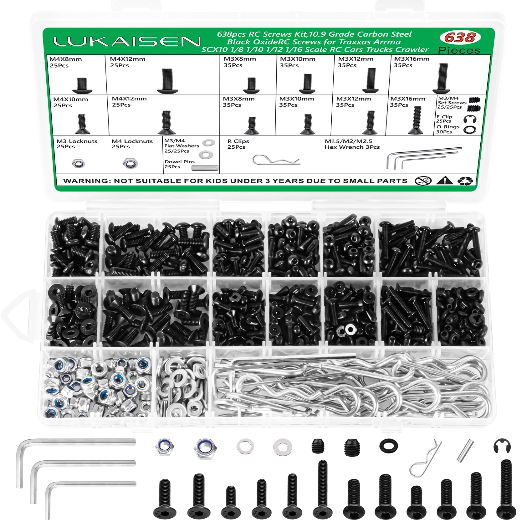 LuKaiSen 638Pcs Universal RC Screw Assortment Kit, 10.9 Grade Carbon Steel