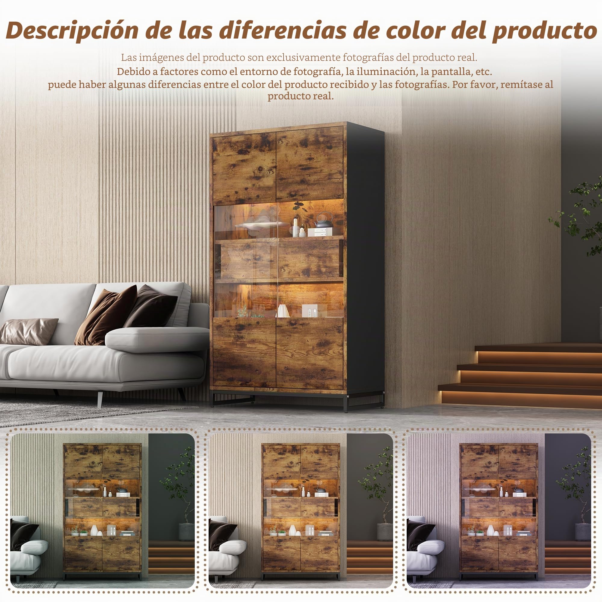 Merax Vitrina transparente con iluminación LED, estantería para libros con 2 puertas y 2 cajones, vitrina coleccionable, vitrina de pie, armarios de vino para salón, comedor, oficina, marrón vintage