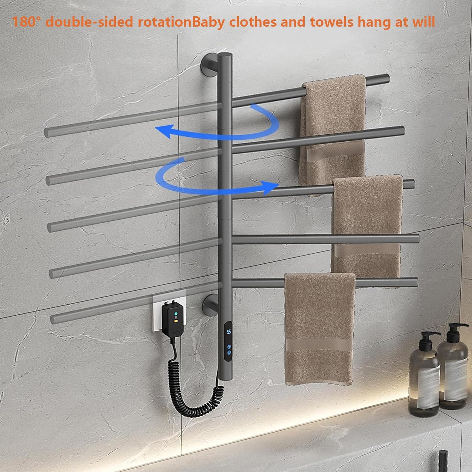 Towel Warmer Rack Rotatable 180°,Electric Towel Rail with Timer,LED Display,Constant Temperature Control,Heated Towel Warmer Hardwired,Black