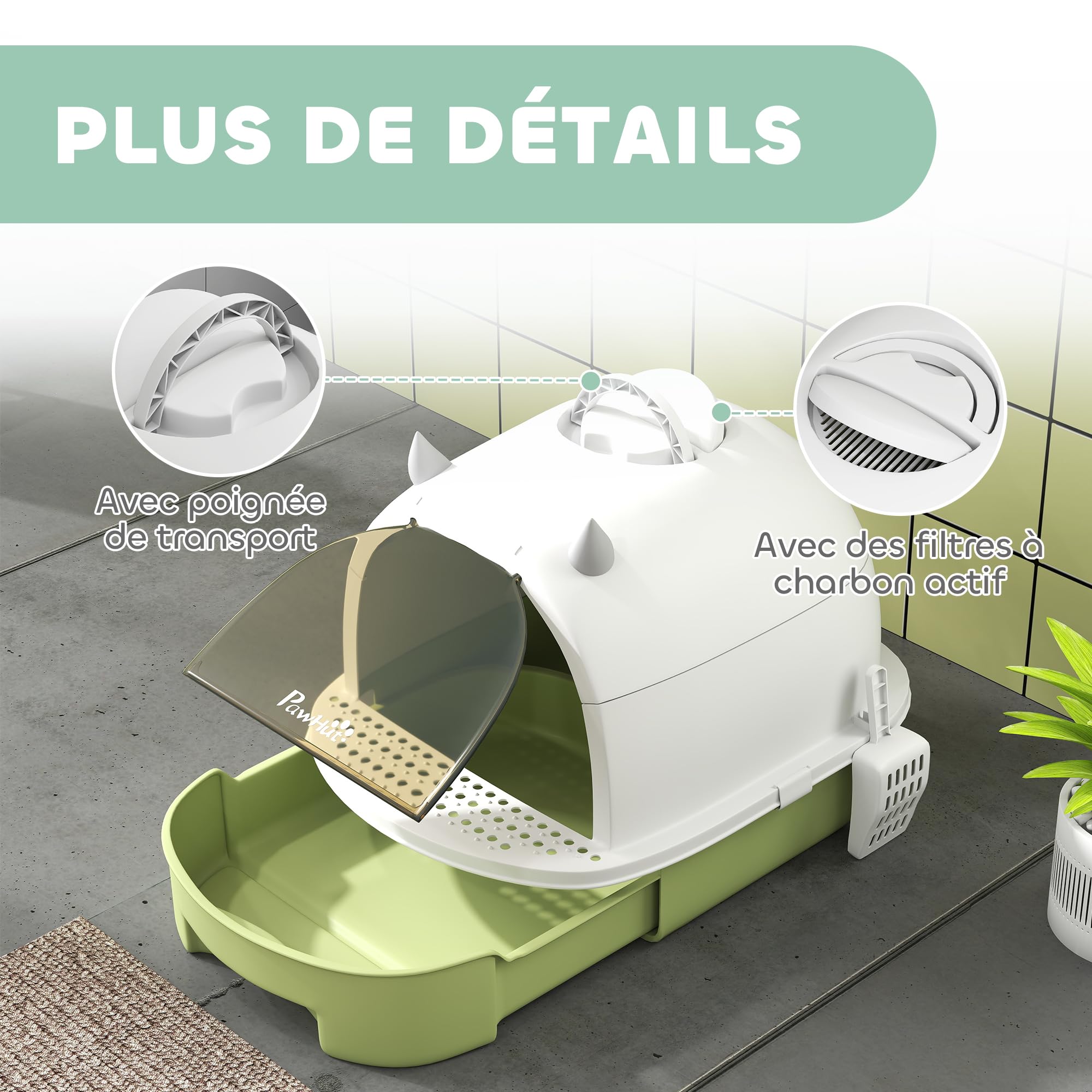 PawHut Maison de toilette pour chat, bac à litière fermé chat, 2 packs de filtres au charbon poignée de transport porte translucide nettoyage facile vert