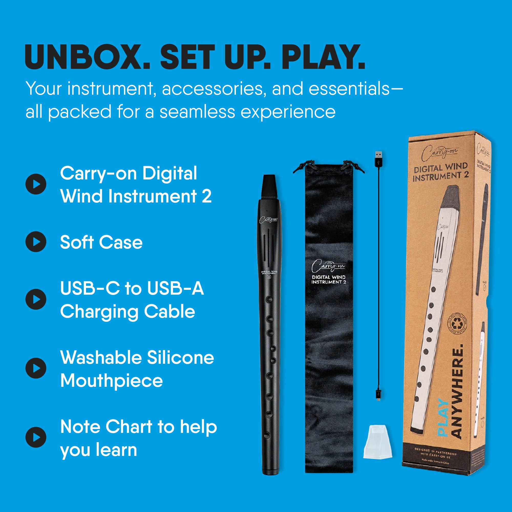 Carry-on Strumento a fiato digitale 2-10 voci, batteria ricaricabile USB integrata, uscita cuffie per pratica silenziosa, registratore digitale Midi Over Bluetooth nero