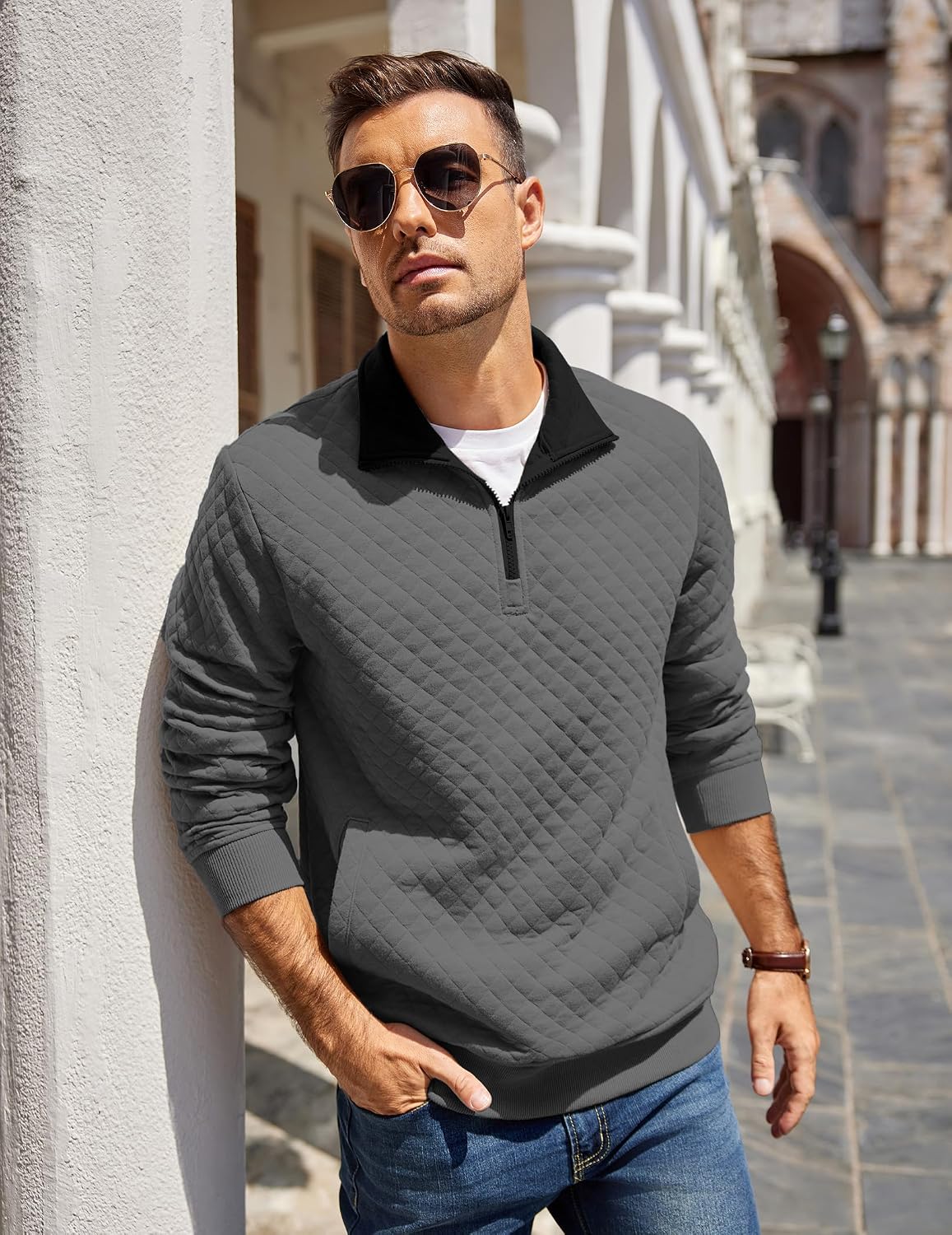 COOFANDY Mens Quarter Zip Pullover Quilted Sweatshirt Knit Long Sleeve Mock Neck Sweater Polo with Pocket