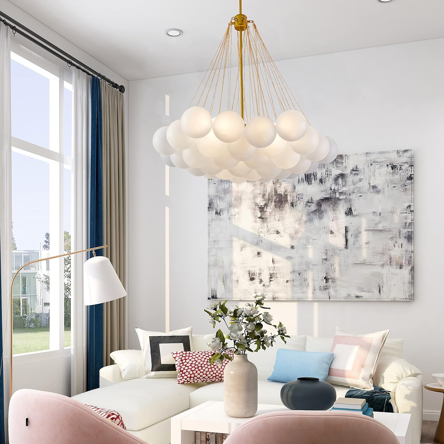 Bubbles Ball Chandelier Decorative Ceiling Pendant Light with Frosted Glass Shade, DIY Hanging Light Fixture for Hall Bedroom Living Room in Gold
