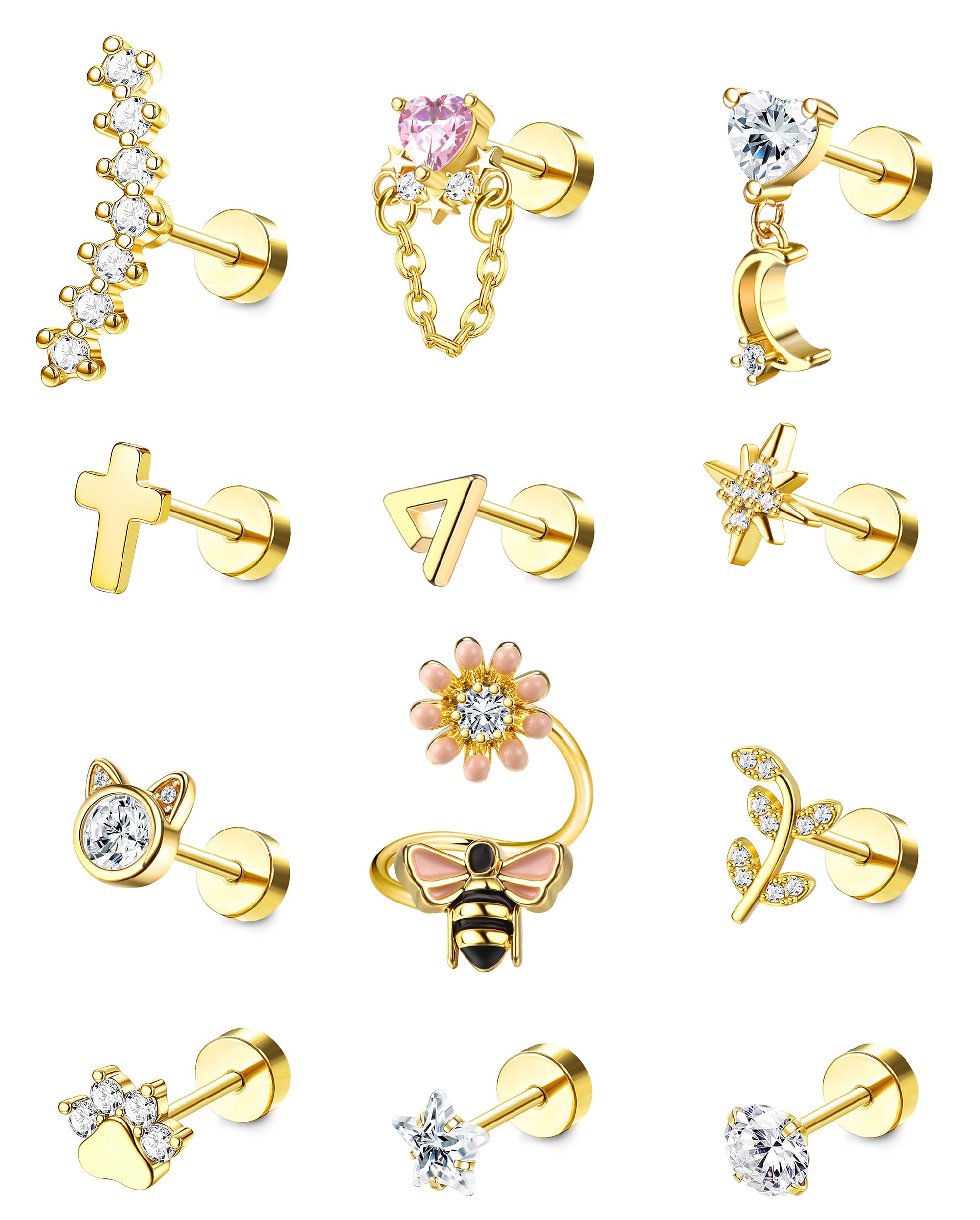 Adramata12 Pcs 16G Piercing Oreja Acero Quirúrgico Pendientes Set Concha Piercing Tragus Pendientes Piercing Flor Mariposa Oreja Piercing Cartílago Piercing Helix Tragus Piercing Joyas para Mujer