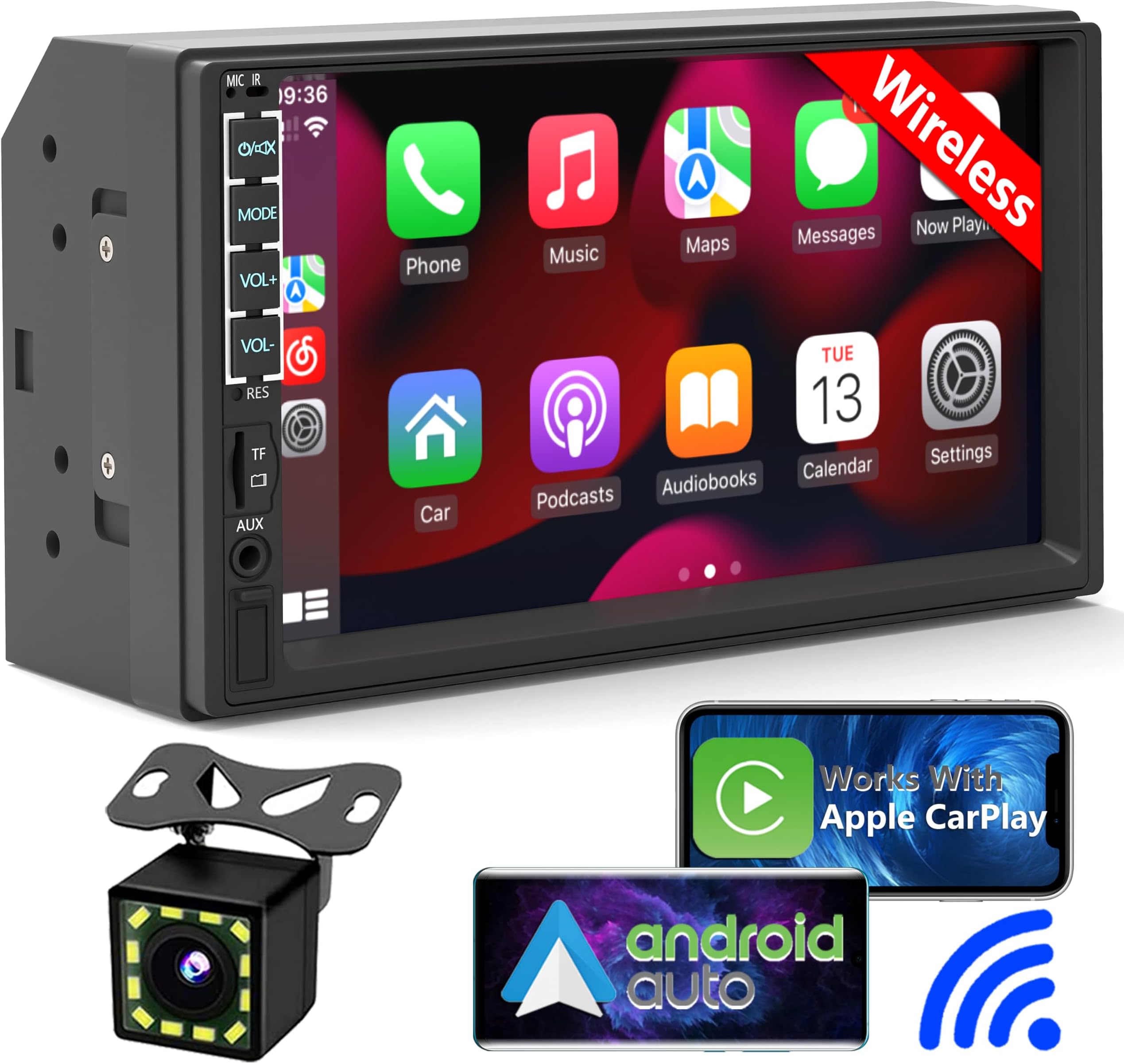 - Wireless Double Din Car Stereo Apple Carplay Radio 7" IPS Screen for Car Audio Receivers, Bluetooth 5.1 Car Play Android Auto Touchscreen,Backup Camera, SWC, FM/AM