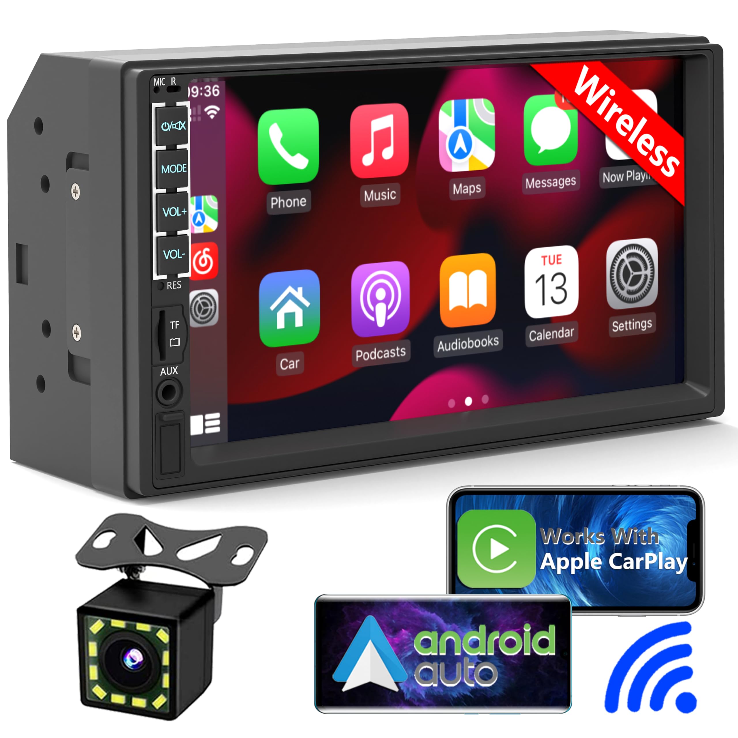 - Wireless Double Din Car Stereo Apple Carplay Radio 7" IPS Screen for Car Audio Receivers, Bluetooth 5.1 Car Play Android Auto Touchscreen,Backup Camera, SWC, FM/AM