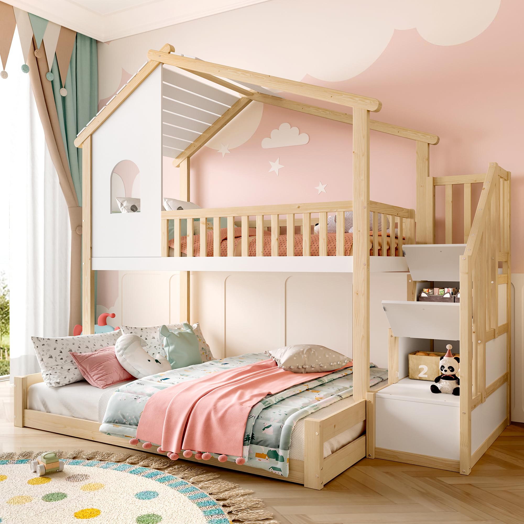 Moimhear Letto a castello, letto per bambini, scaletta per finestre, listello naturale e bianco, legno di pino+MDF + Plywood (90 x 200 cm+140 x 200 cm)