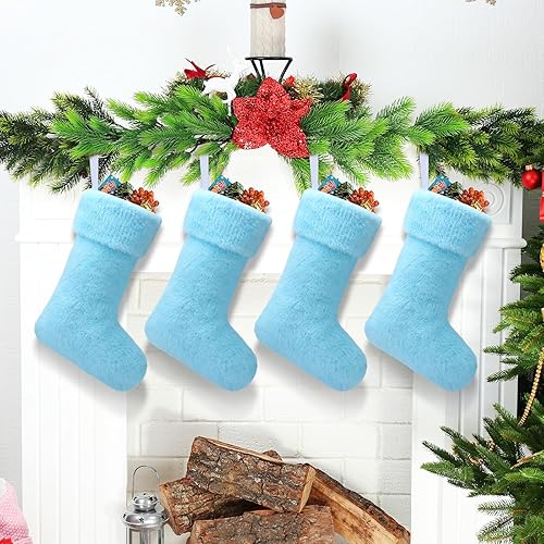 JOVITEC 4 medias de Navidad de piel sintética de 20 pulgadas, calcetines de nieve para colgar en la chimenea para decoración de vacaciones (azul)