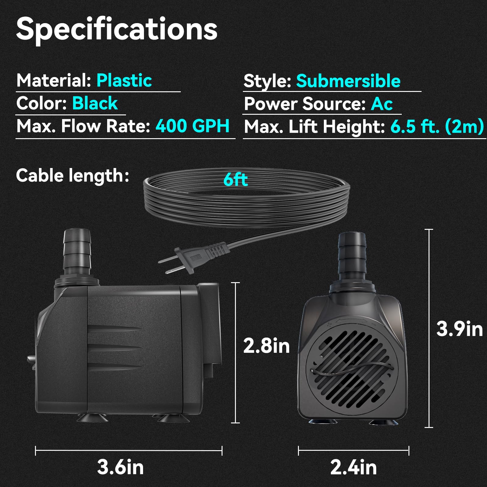 Bomba sumergible de 400 GPH de apagado automático (1500 L/H 25 W) bomba de agua de fuente ultra silenciosa con elevación de 6.5 pies de alto, 3 boquillas para acuario, pecera, estanque,