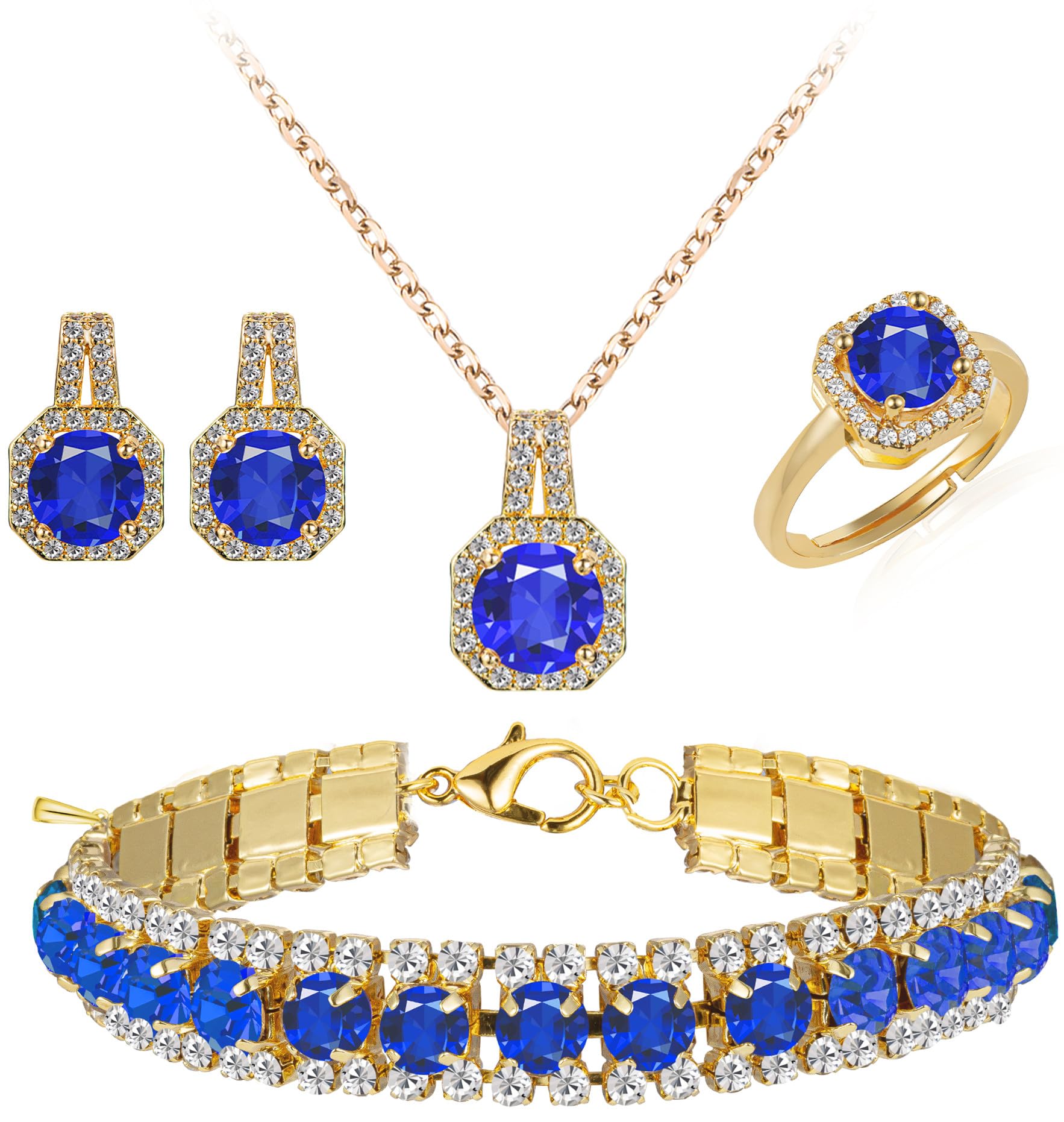 Paxuan4pcs Cubic Zirconia Wedding Jewelry Sets for Bride Bridesmaid Cubic Zirconia Pendant Necklace Earrings Link Tennis Bracelet Open Ring Set for Women Birthday/Valentine's Day/Mother's Day/Christmas