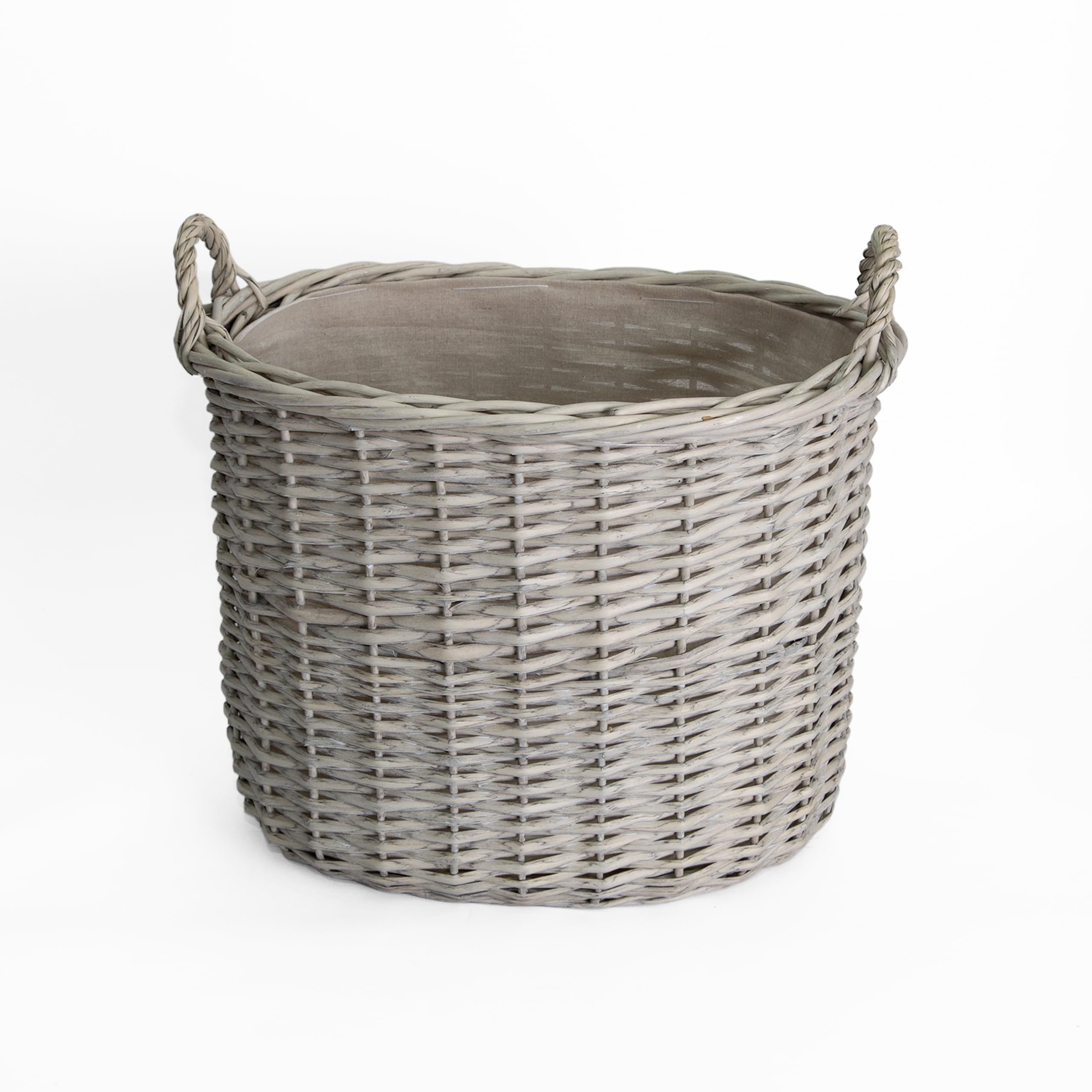 Wickerfield Grey Wash Wicker Storage Basket, Wicker Log Baskets With Handle & Lining, Willow Storage Basket For Laundry Toys Blankets Logs (Oval, Medium)