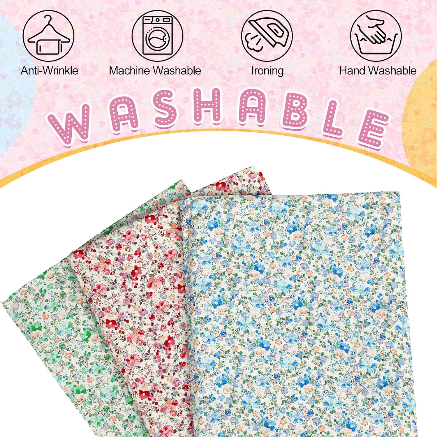 3 Pcs Floral Cotton Fabric Bundles 57" x 39" Precut Sewing Fabric by The Yard Soft Flower Printed Cloth for Dressmaking Quilting Patchwork DIY Crafts(Fresh Color) image 3