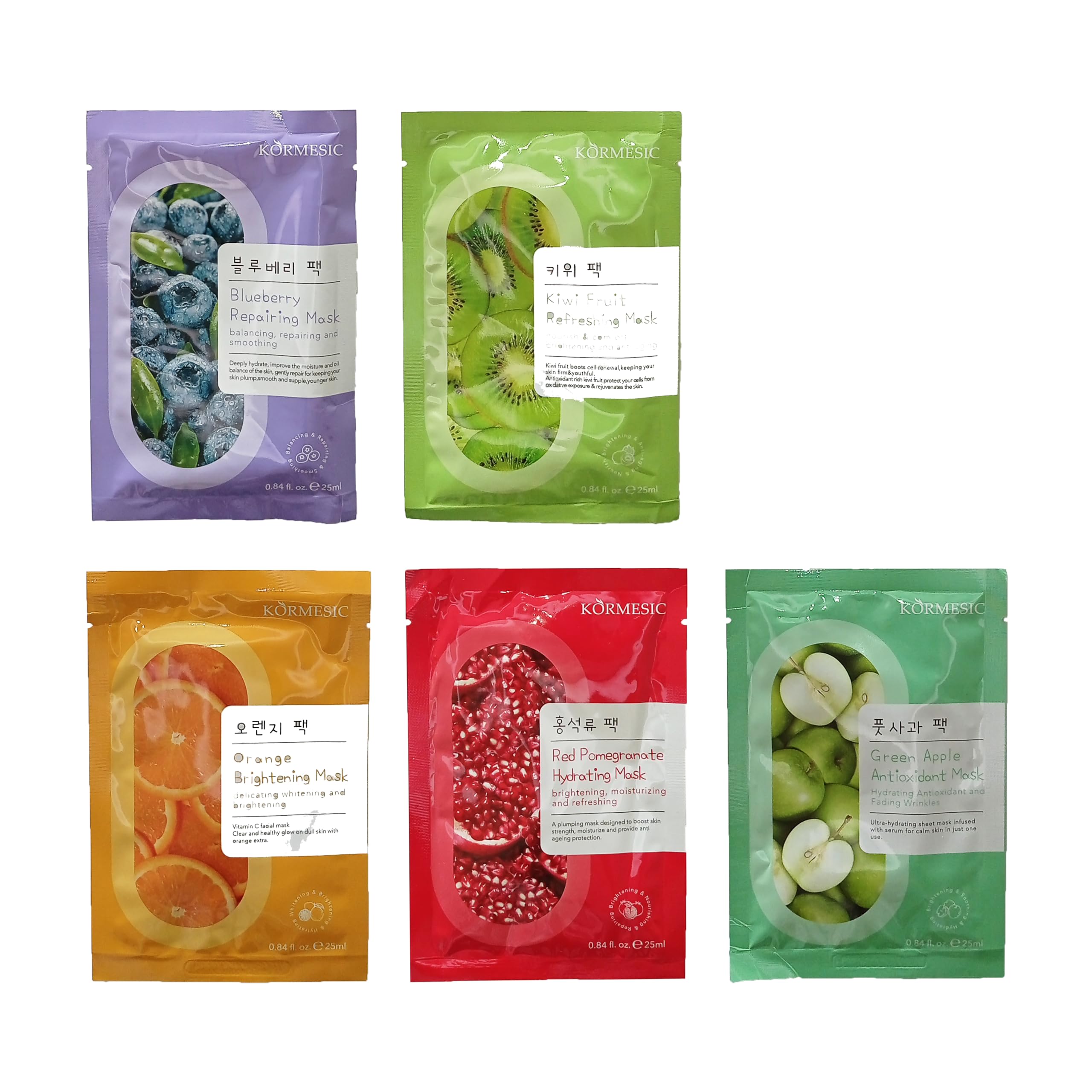 Pack de Mascarillas faciales con Fórmula Coreana, Hidratante, Brillo, Antiarrugas, Reparadora, Reafirmante, Antiedad, Refrescante, Kit de mascarilla facial para hombre y mujer. (Mix de 5)