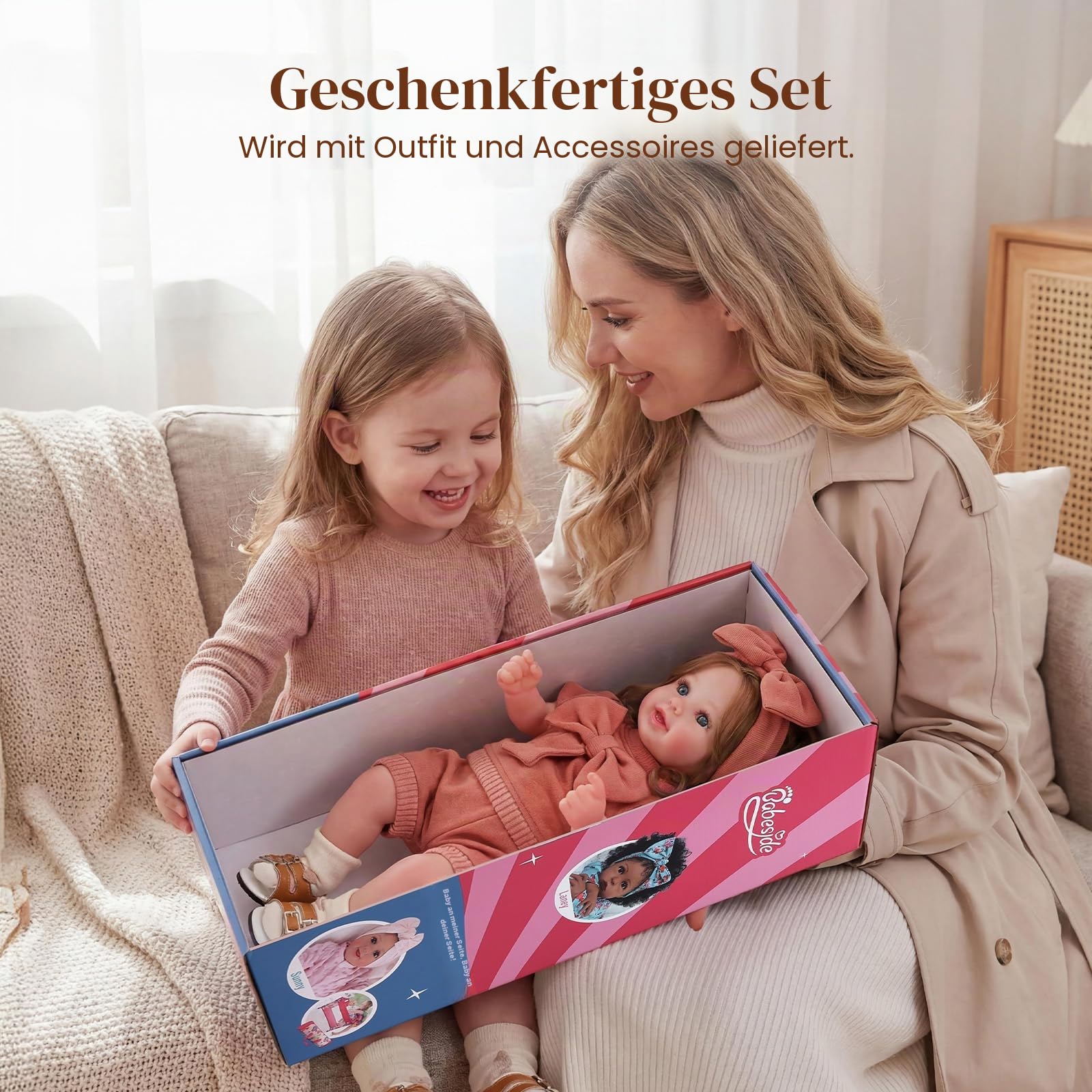 BABESIDE Reborn Puppe 20 Zoll Lebensechte Babypuppe mit Weichem Stoffkörper Offenen Augen Reborn-Baby Lebensecht mit Kleidung und Zubehör Reborn-Baby Mädchen für Kinder ab 3 Jahren