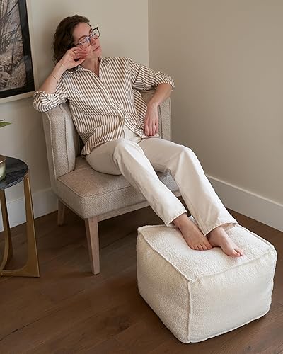 Vista 7 de ZICOTO Hermoso puf Boucle otomano y reposapiés – Eleva la decoración de tu sala de estar con comodidad ligera y encanto – Un taburete redondo