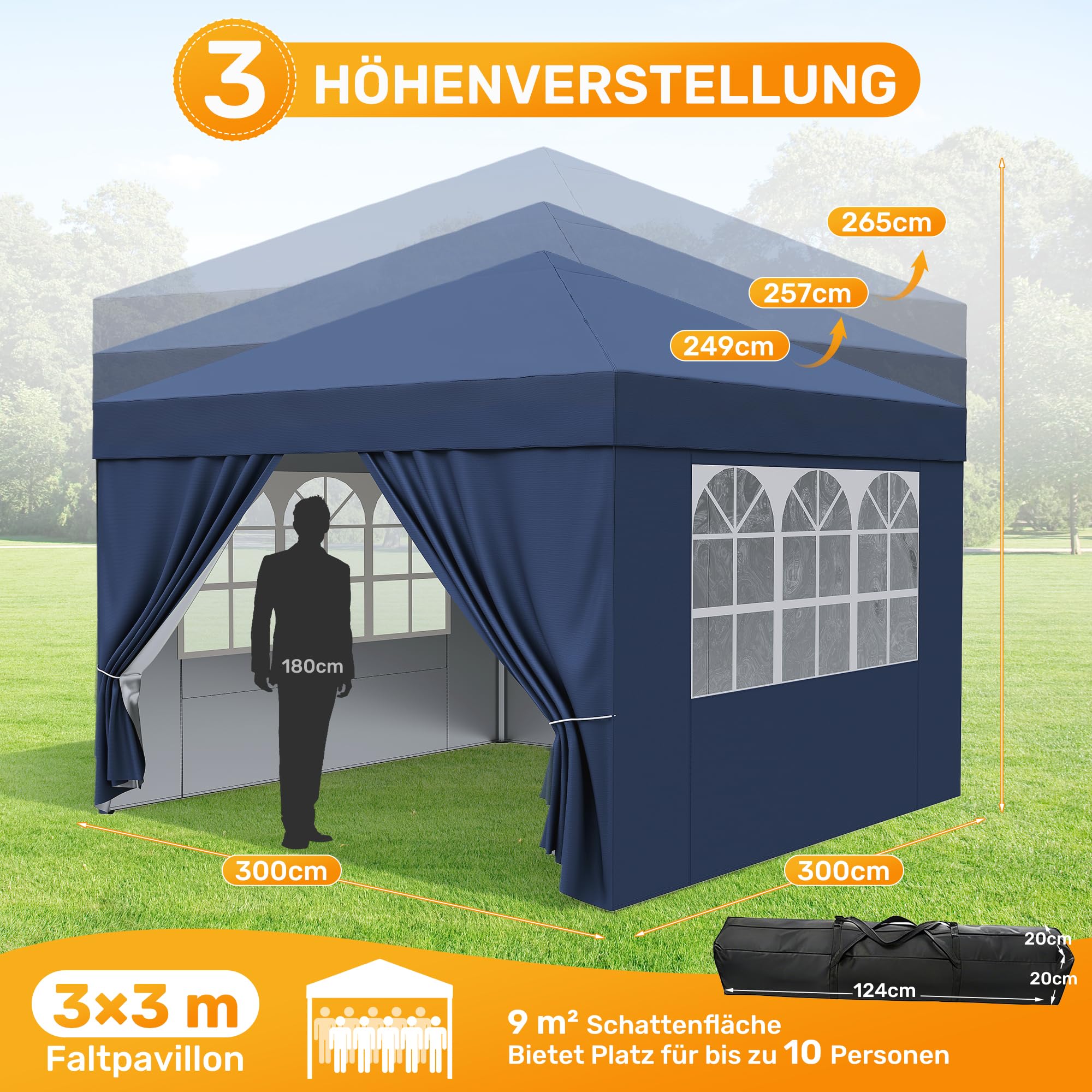 Hawthyhome Pavillon 3x3 Wasserdicht Stabil Winterfest, Faltpavillon 3x3 mit 4 Seitenteilen, Pop Up Pavillon UV Schutz 50+, Höhenverstellbar Partyzelt Gartenpavillon Für Outdoor, Blau Mit Seitenwänden