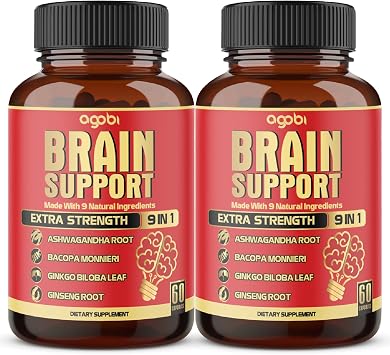 agobi 9in1 Brain Support Supplement - 2 Packs 60 Counts Blended Ashwagandha, Panax Ginseng, Gotu Kola, Ginkgo, Black Pepper & More - Accuracy, Focus, Memory & Energy Production Support