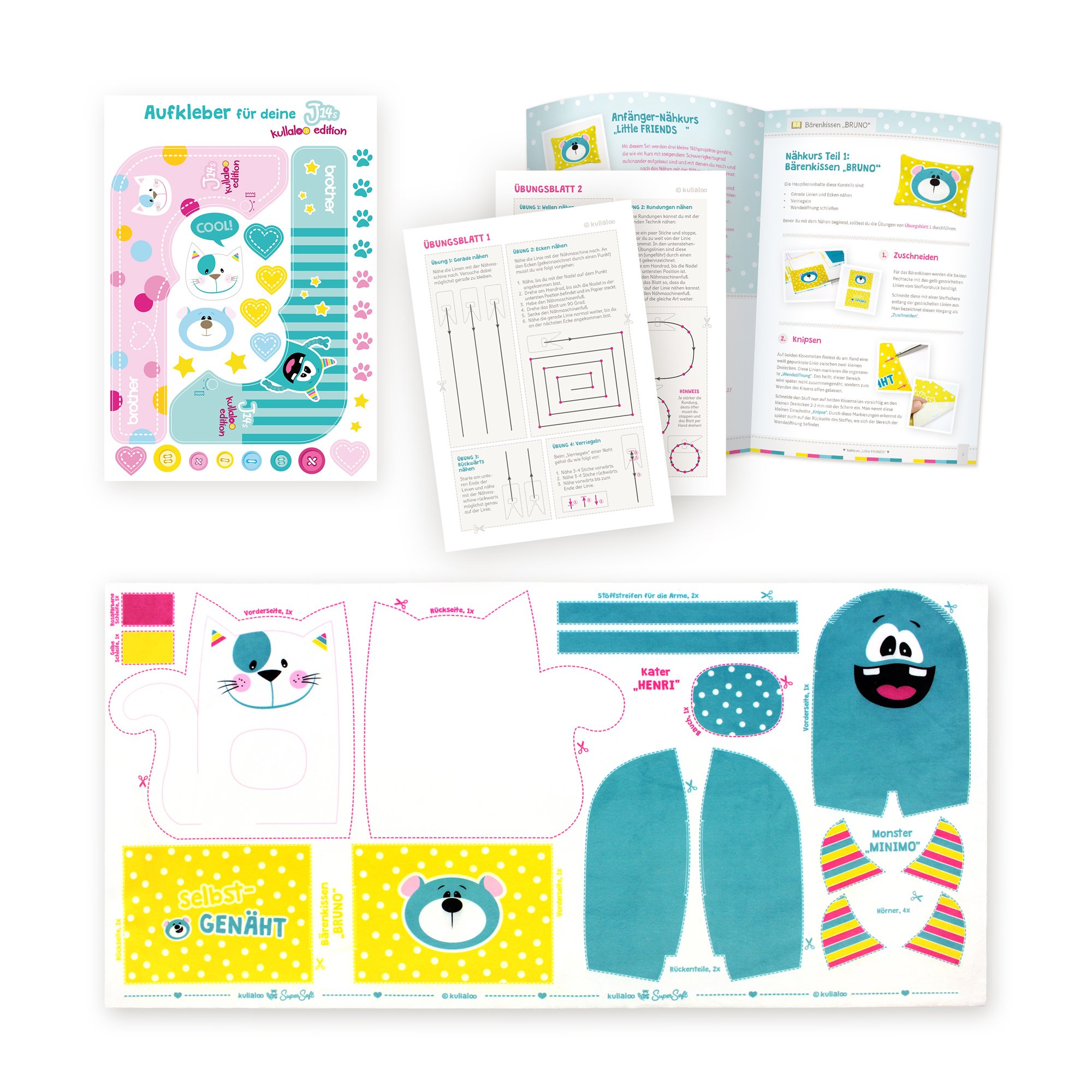 Brother J14s Kindernähmaschine kullaloo edition inkl. Fingerschutz, Stickerbogen & Anfänger-Nähset KINDERLEICHT Nähkurs "Little Friends"