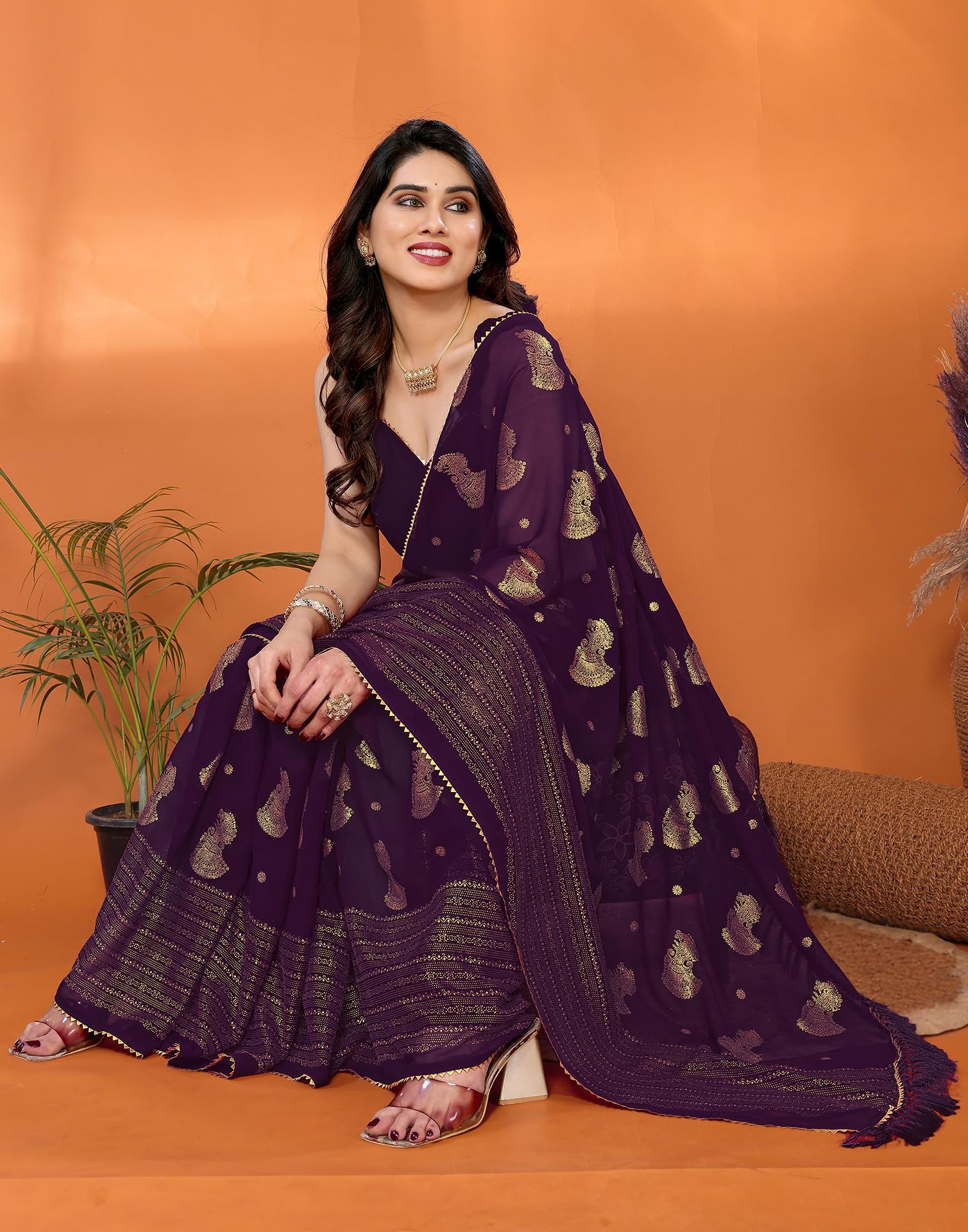 SIRIL Women's Georgette Foil Printed Saree with Unstitched Blouse Piece (4256S673_Purple) - Image 4 thumbnail