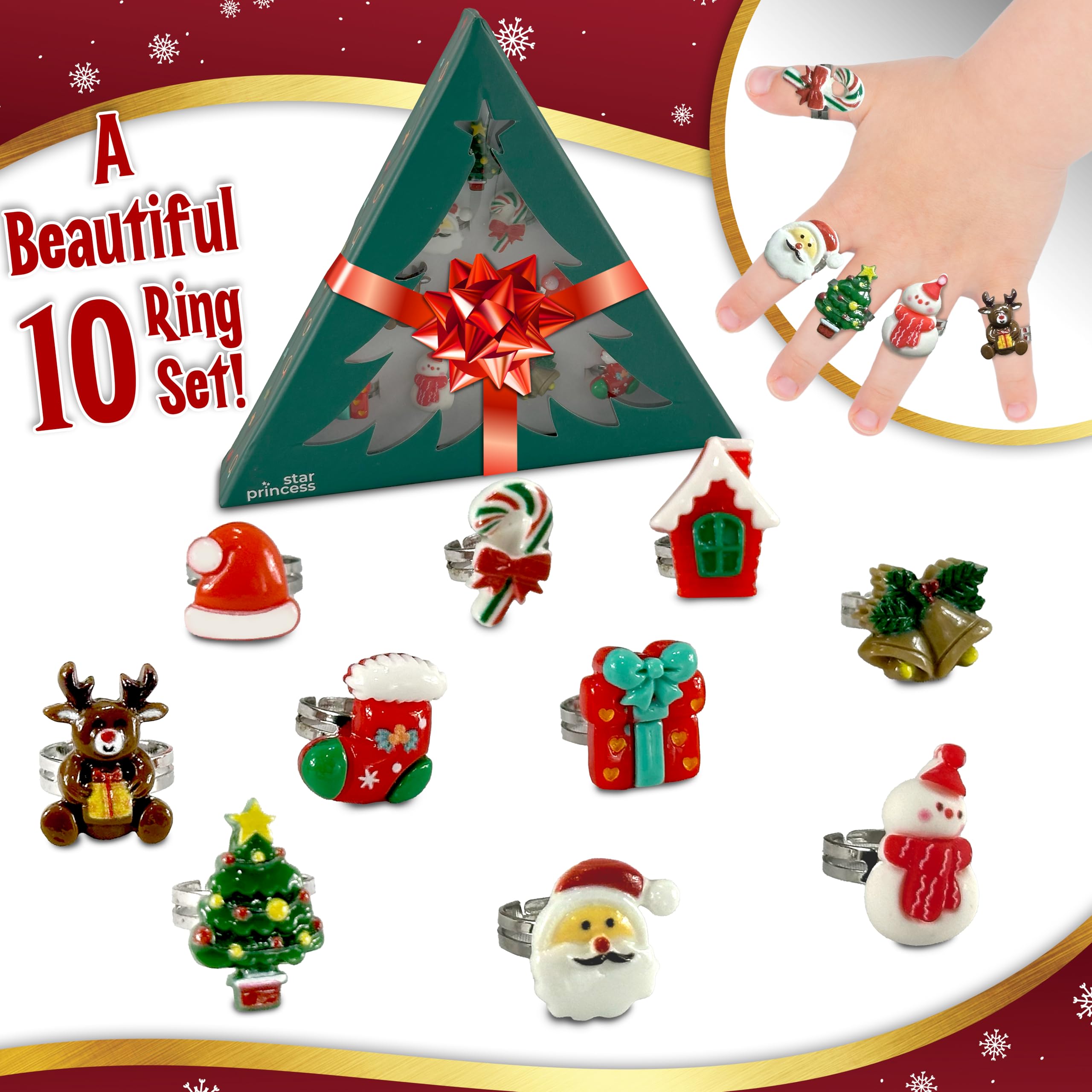 Christmas Stocking Stuffers Jewel Rings for Kids Set of 10 Christmas-Themed Adjustable Holiday Dress Up Rings for Girls in Christmas Tree Gift Box Gift for Girls Age 3 4 5 6 7 8 - Image 3