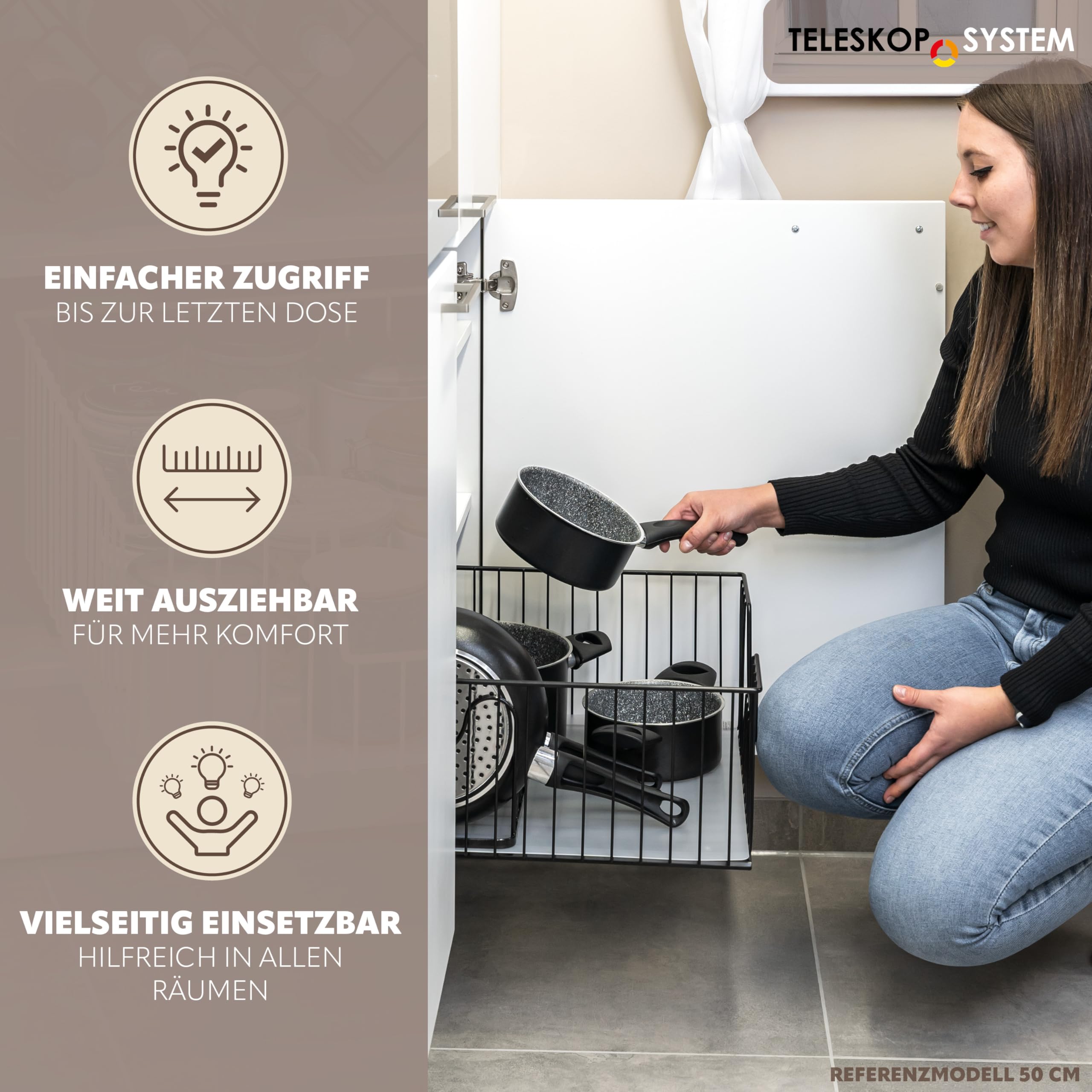 bremermann Schrank-Korbauszug 30 cm Breite mit Einlegeboden, Küchenschublade zum Nachrüsten, Vollauszug mit Teleskop-Schienen, ideal für Küche, Bad & Schlafzimmer, aus Metall (Schwarz)