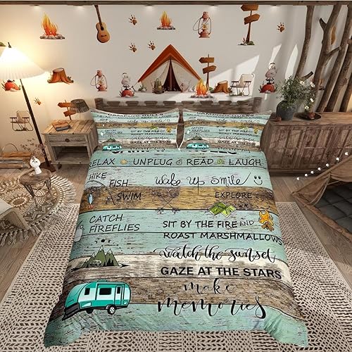 Juego de funda de edredón con reglas de campamento, tamaño Queen, para niños, estilo rústico, cabaña, camping, decoración de campamento, funda de