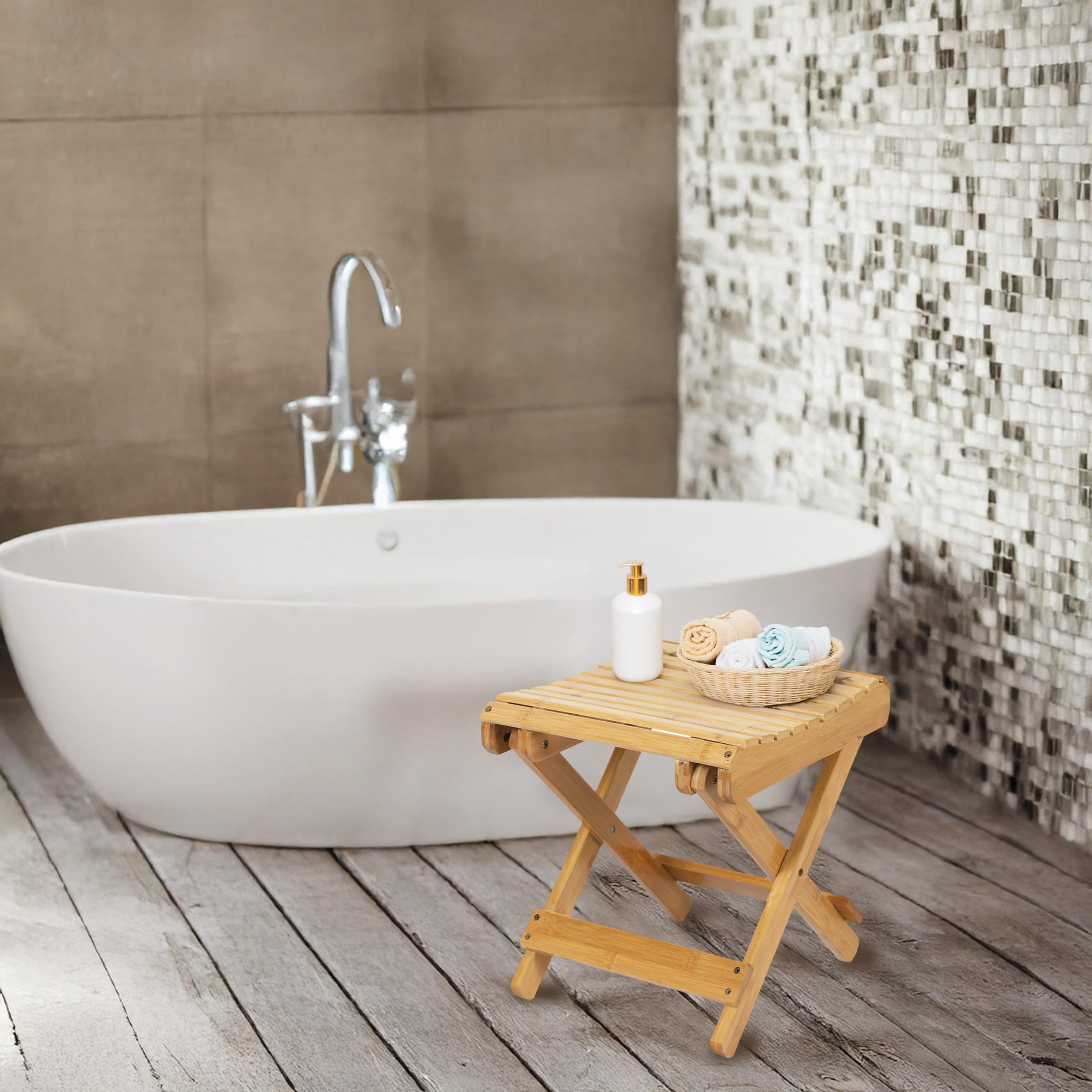 Spetebo Sgabello pieghevole in bambù naturale, rettangolare, 28 x 28 cm, in legno, pieghevole, universale, per cucina, bagno, corridoio