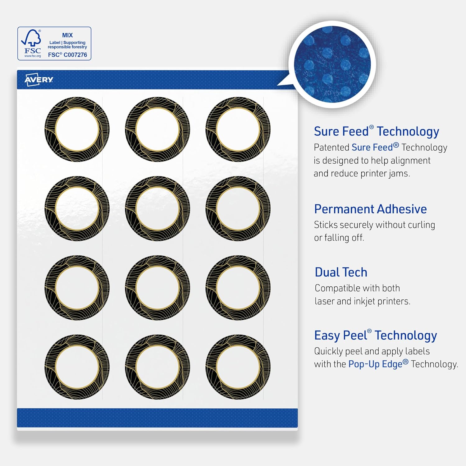 Avery Printable Round Labels with Sure Feed Technology, Pre-Printed Black Border with Gold Pattern, Glossy White, 2" Diameter, Laser & Inkjet Compatible, 120 Total