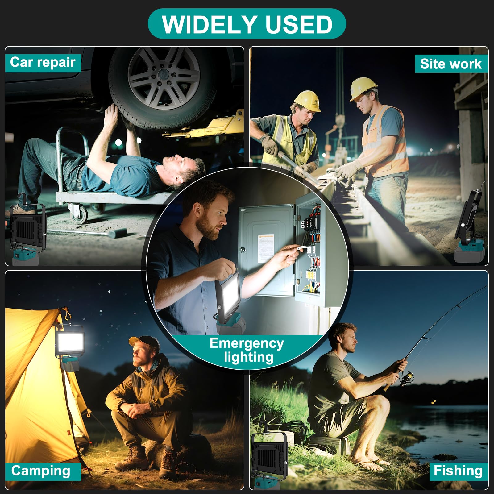NATPOW Akku Lampe Kompatibel mit Makita 18V (Kein Akku), 2 Stück 6500LM Akku Strahler, 2 Modi Baustrahle Ultra Helle, Tragbarer Strahler mit Typ C und USB-Aufladung für Baustellen Autoreparaturen