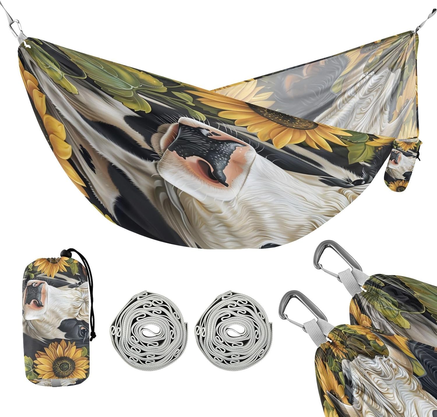 ALAZA Cow and Sunflower Camping Hammocks Single or 2 Person 500 lbs Portable Parachute Travel Hammock w/Tree Straps for Hiking Backpacking Indoor Outdoor