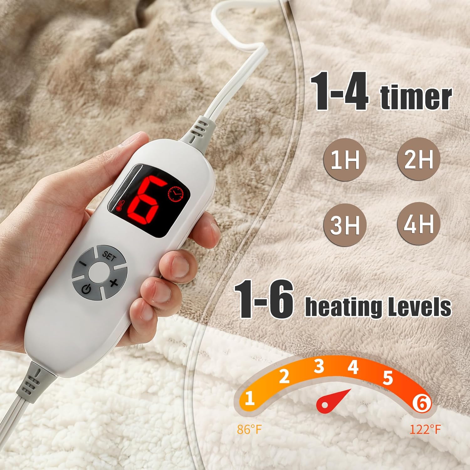Electric Snuggle Throw Blankets with Foot Pocket, Wearable Heated Throw with Sleeves, 6 Heat Levels & 1-4H Timer, Full Body Warmth, The Perfect Warming Gift for Women & Men, Light Beige & linen - Image 4