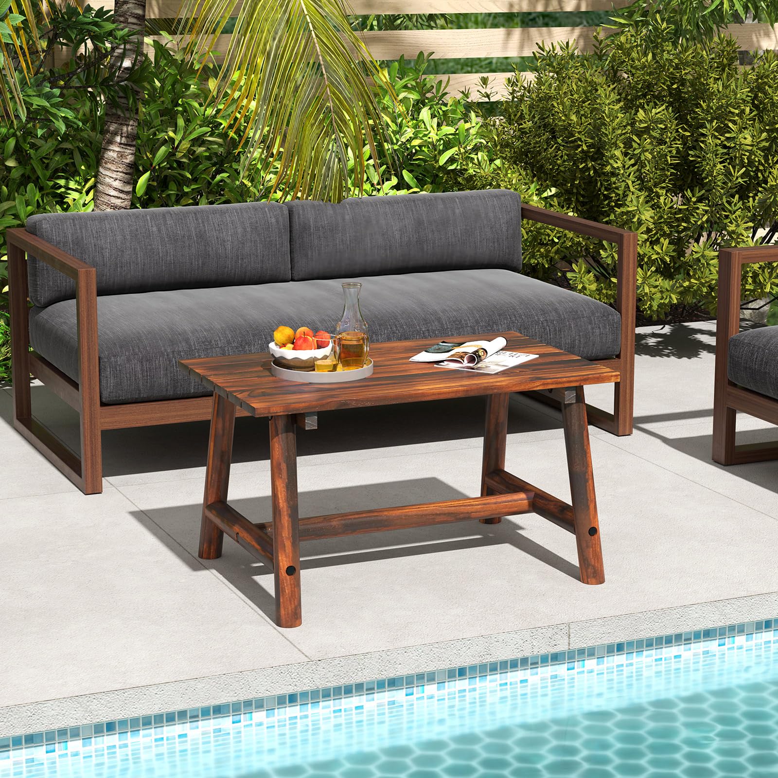 KOMFOTTEU Tavolo da giardino in legno massello, tavolino ausiliario terreza esterno con carico di 125 kg, tavolino basso rettangolare con piano a doghe per balcone, patio, 90 x 55 x 50 cm (marrone)