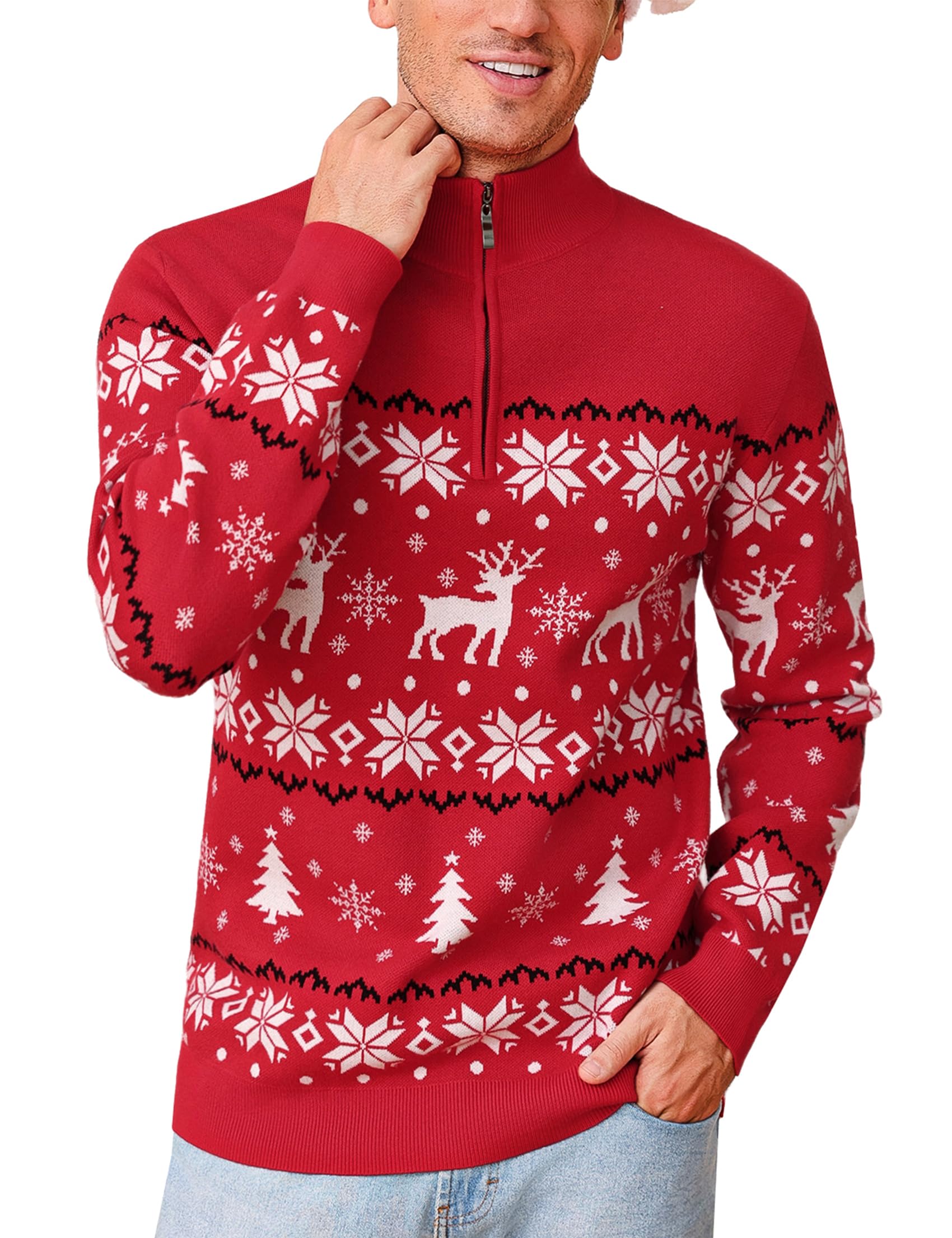 Maglione Natalizio Uomo Maniche Lunghe Zip Un Quarto Motivo Renna | Tessuto Morbido, Maniche Lunghe, Lavorazione a Maglia, Calore Confortevole, Vestibilità Regolare, Autunno e Inverno
