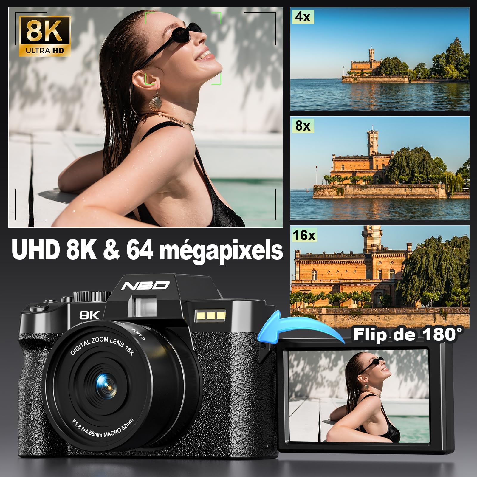 NBD Appareil Photo Numérique 8K 64MP: *​Kit 16-en-1​* avec Autofocus, Écran Orientable 180°, Zoom 16X, WiFi, Carte 64GB + 2 Batteries (Noir)