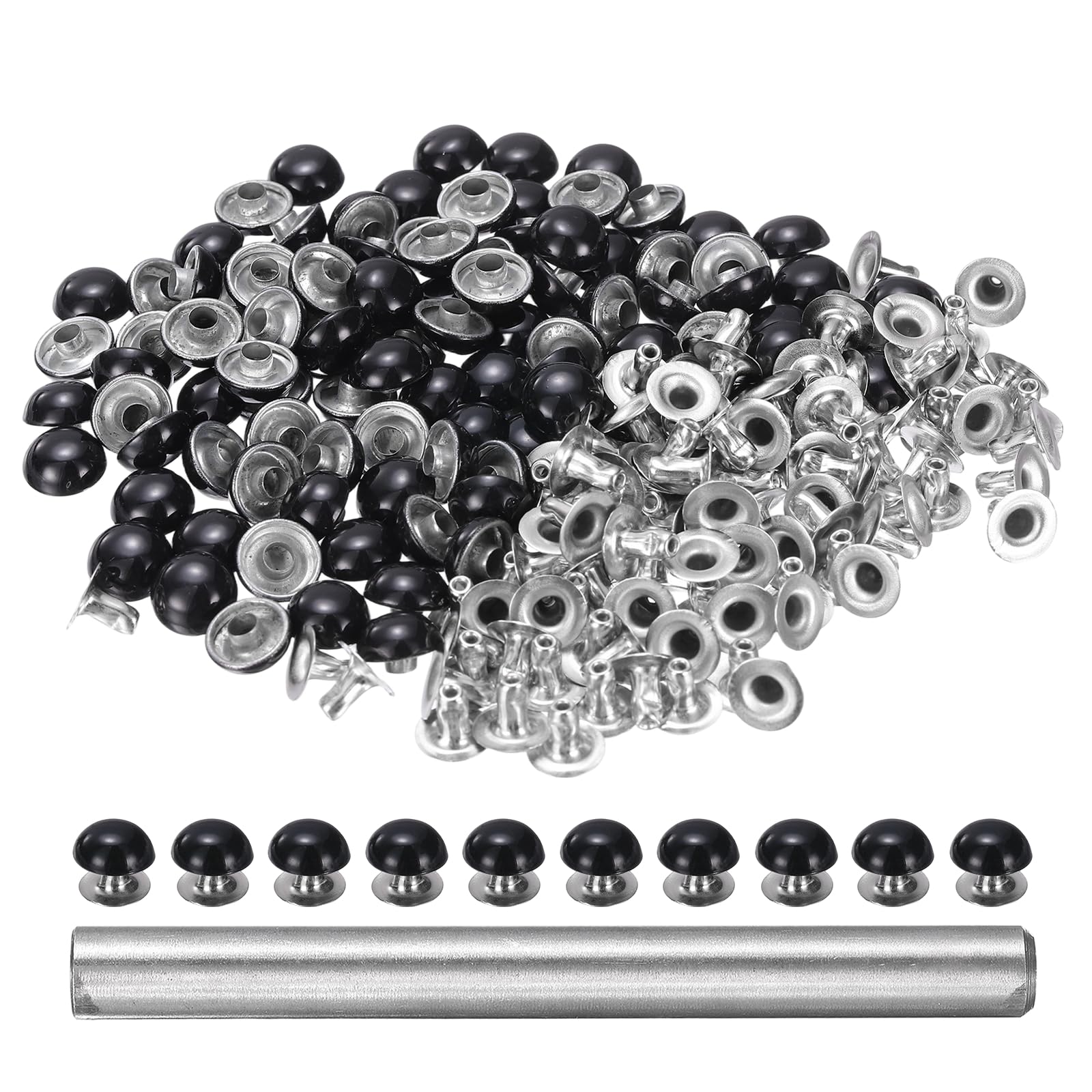 sourcing map 100pcs Round Dome Leather Rivets 9mm Leather Rivets Rapid Punk Spikes Leathercraft Decoration with Hole Punch for Rock Nailheads Clothing Belts Bags Shoes, Black