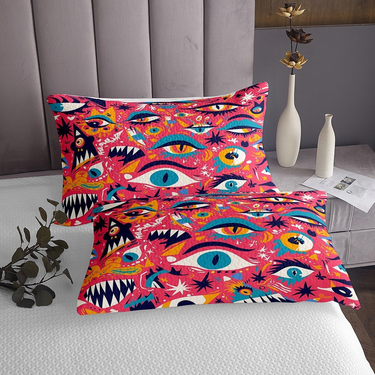 Cartoon Eye Bedspread Twin Size,Beautiful Boho Theme Bedding Set 2Pcs for Kids Girls Teens Women Room Decor,Colorful Pink Print Comforter Set,Modern Abstract Style Coverlet Set,1 Pillowcase